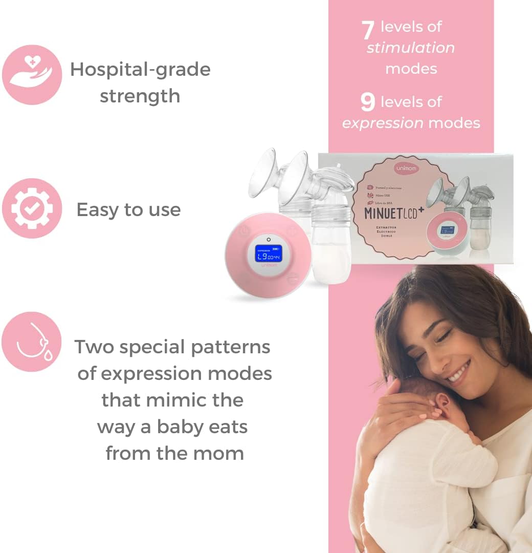 Unimom Double Electric Breast Pump –No Back Flow Hygienic Design, Certified Multi-User – BPA Free - Adjustable Suction, Pumping and Massaging Modes and Speeds - Touch LCD Display – by Unimom