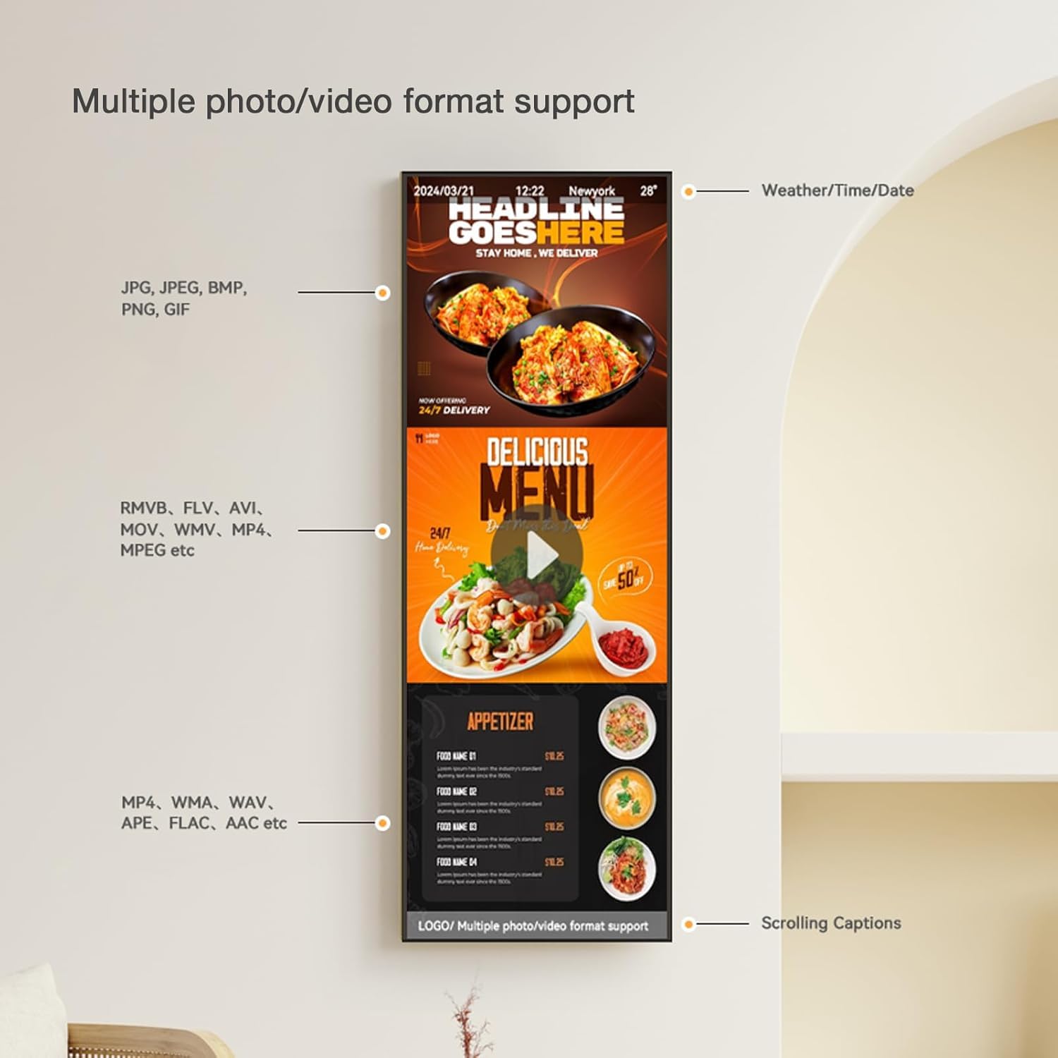 Pantalla Publicitaria Digital 48 Pulgadas, Digital Signage 4K, Monitor Publicitario Estirado de 1000 Nits, Cartelería Digital para Restaurantes, Tiendas y Empresas, HDMI/WiFi, Negro | Android 4 GB + 32 GB con CMS Cloud gratis, USB y HDMI, ideal como table