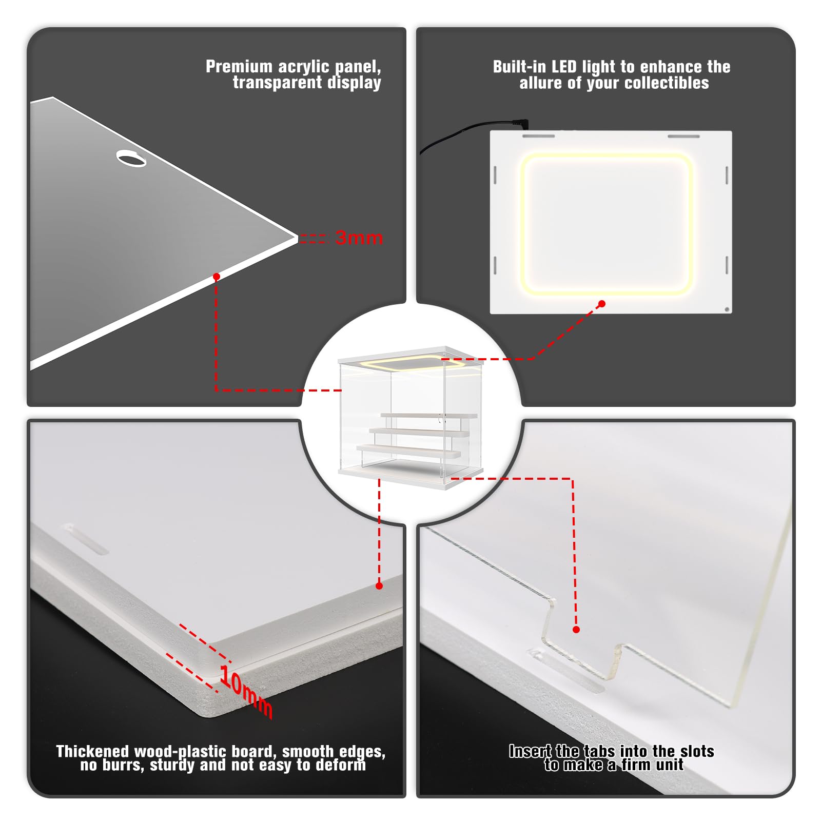 Vetrina Acrilica con Luce LED, 4 Livelli Scatola Vetrina Espositiva per Collezionismo con Porta e Gradini, Antipolvere Teca Plexiglass per Funko Pop, Figure, Modellini, Bianco