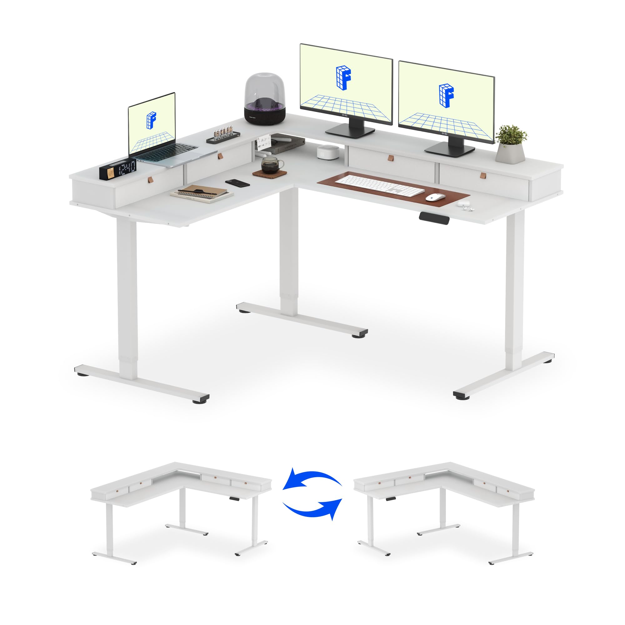 FLEXISPOT 63" L Shaped Standing Desk with Shelf Electric Corner Table, Drawers, Adjustable Computer Workstation for Home, Office,63x55in, White Top + White Frame