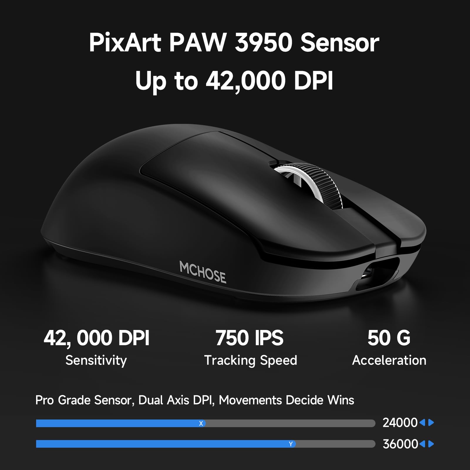 MCHOSE L7 Ultra+ Wireless Gaming Mouse, Ultra-Lightweight, Ergonomic Mouse with 42K DPI, PAW3950, Optical Switch, 20000 FPS, Dual 8K Polling and 7 Programmable Buttons, 3-Mode Connect, PC/Mac - Black - 3