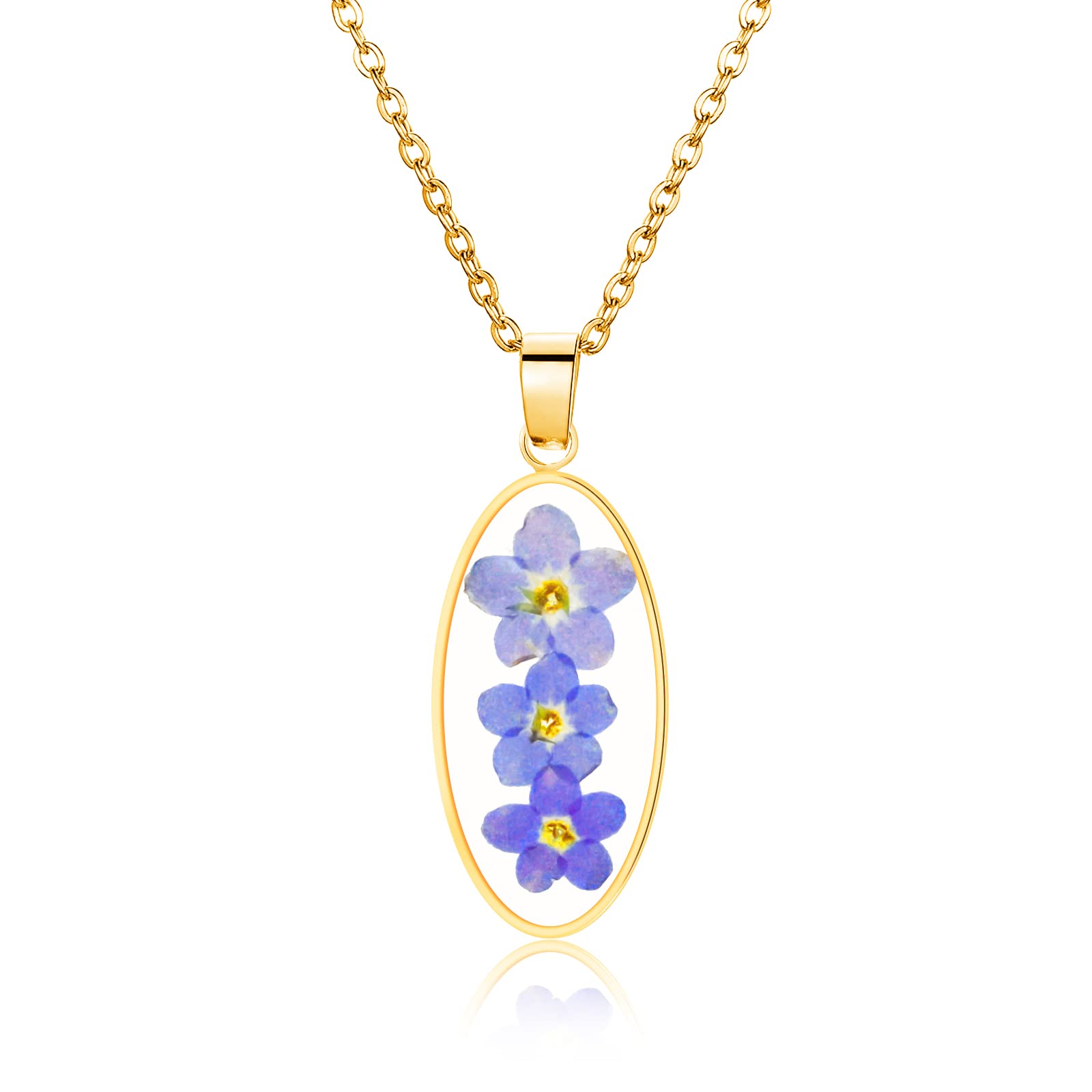 Handmade Forget-Me-Not Pressed Flower Necklace,Gold Pressed Flower Pendant Necklace,Unique Resin Birth Flower Necklace for Women, Ideal Presents For Birthday Party, Christmas,Thanksgiving(18’’)