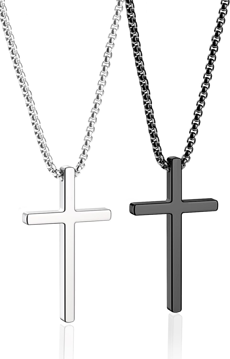 2 Pcs Cross Necklace for Men Women,Mens Necklace Stainless Steel Teen Boys Pendants Silver Black Gold Crosses Chain Jewelry Gifts Box 16-30 inches