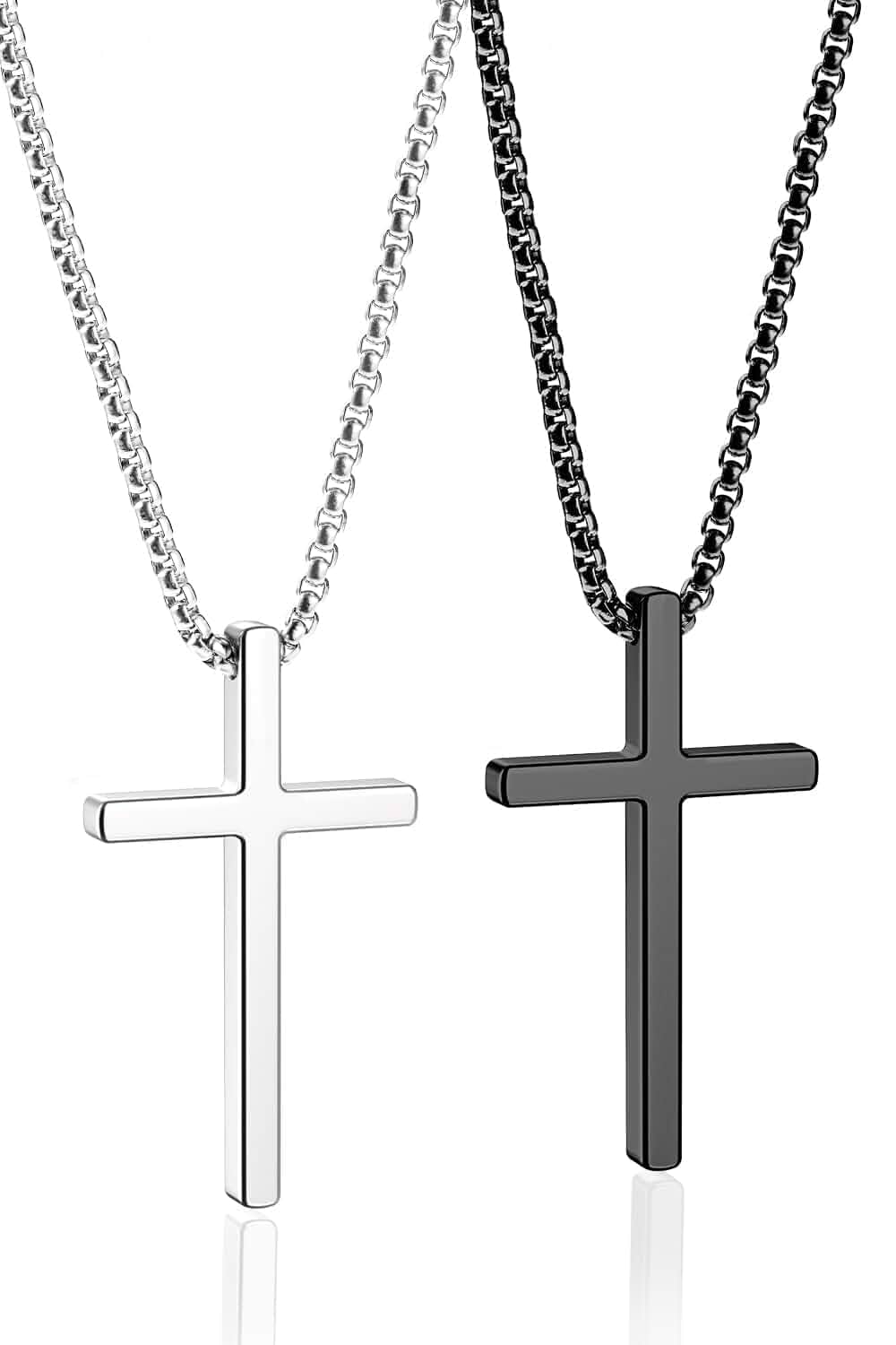 Romass 2Pcs Cross Necklace for Men Teen Boys,Jewelry Gifts 16-30 inches Silver Black Gold Stainless Steel Cross Pendants Cross Chains for Men with Box