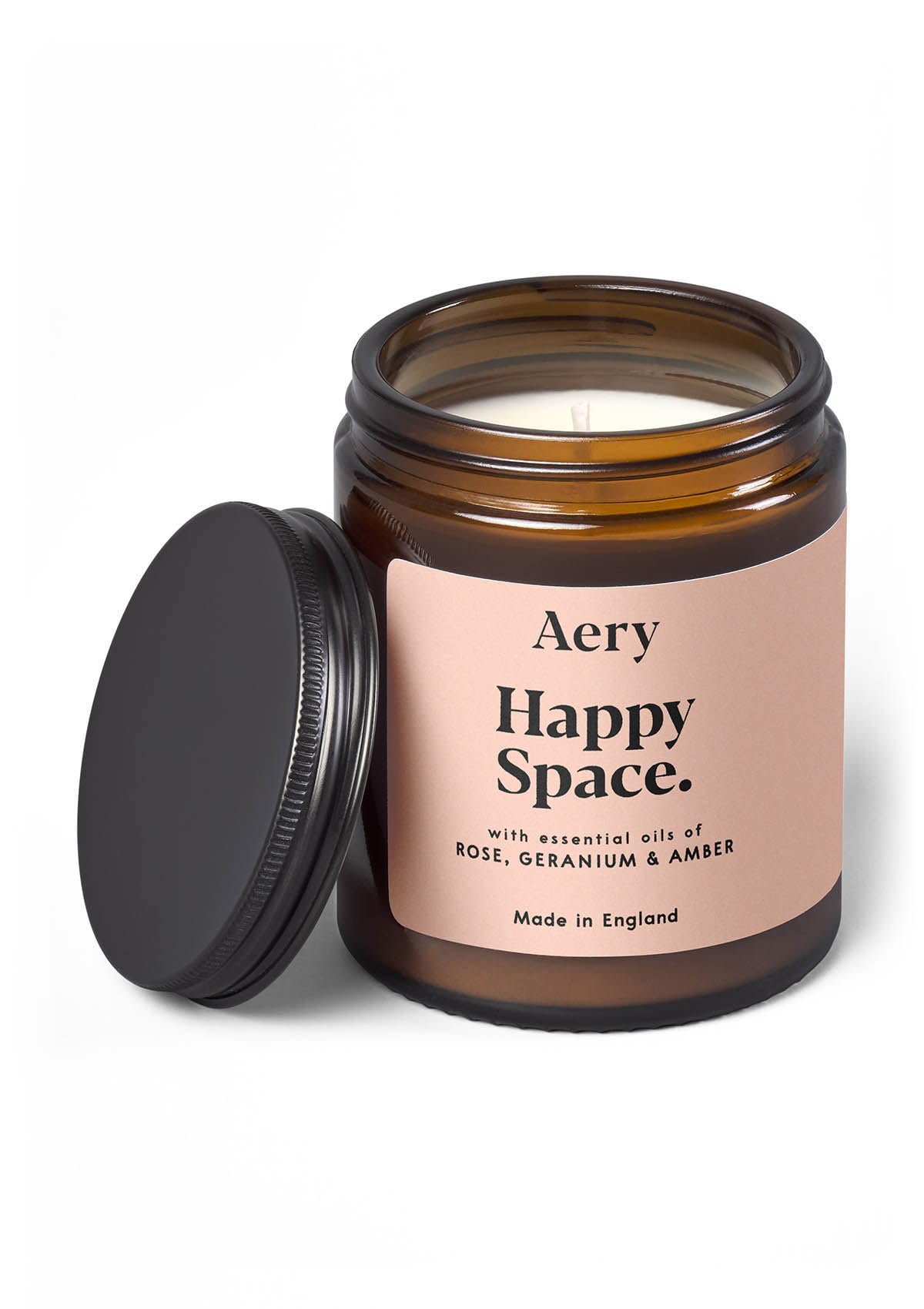 Aery Happy Space Glass Jar Soy Wax Candle - Rose, Geranium & Amber with 100% Plant Based Wax & 30 Hour Burn Time