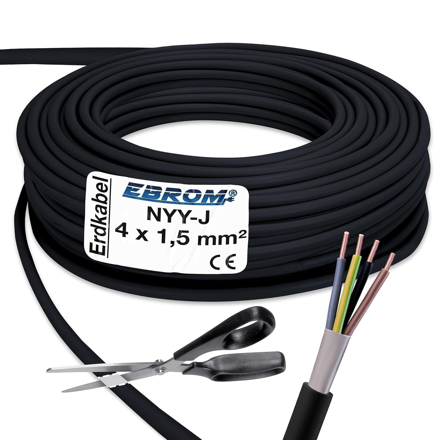 EBROM Erdkabel NYY-J 4x1,5 mm² Starkstromkabel Erdleitung schwarz -30 m | 10 bis 100m - Elektrokabel zur Verlegung im freien oder im Erdreich - VDE 0276, Teil 603 - Nennspannung: 600/1000V, 4x1,5 mm2