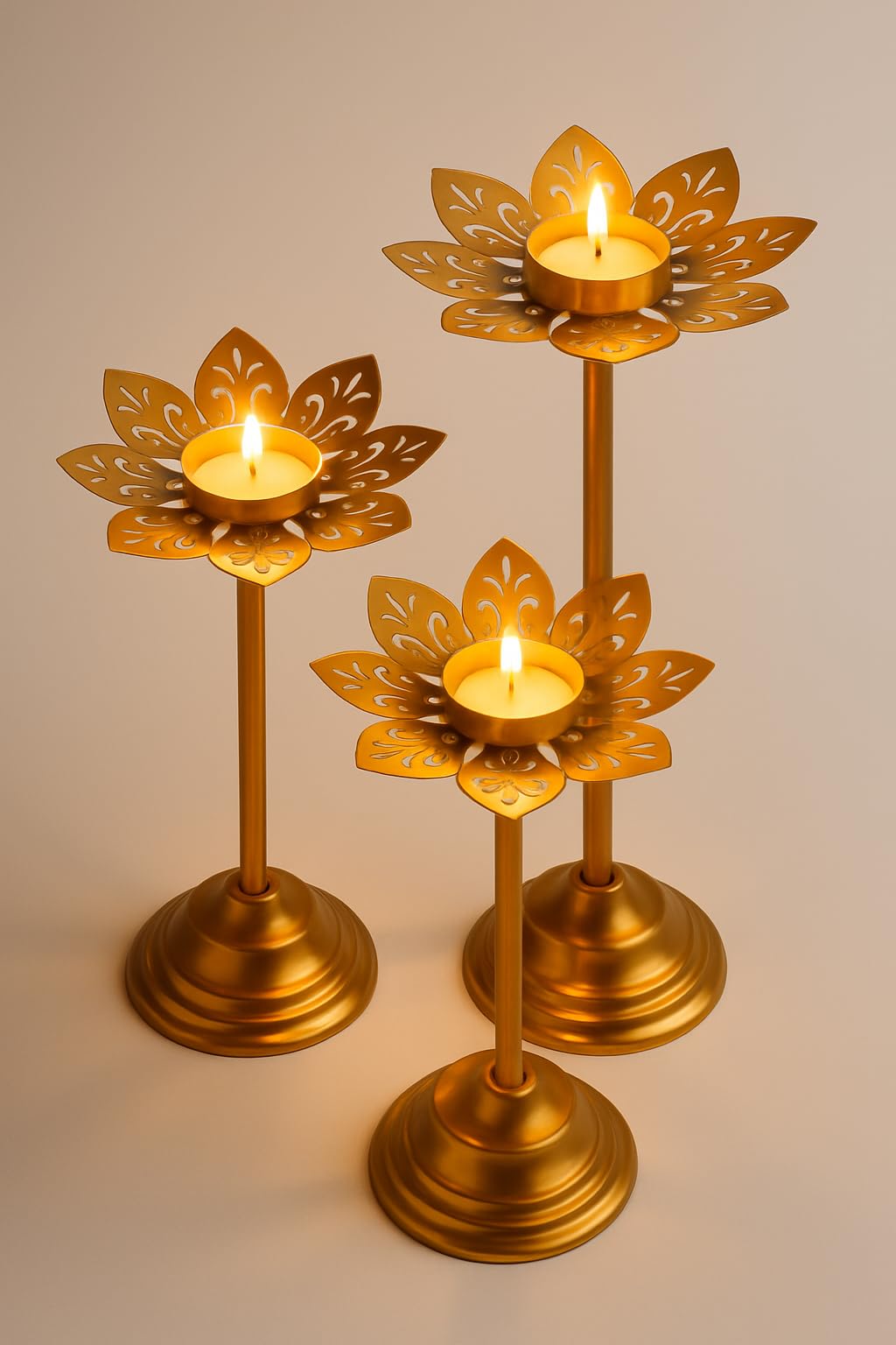 FK HANDICRAFTS Decorative Lotus Tealight Candle Holder Set, Gold Metal, 3-Piece Stand Collection-image-38