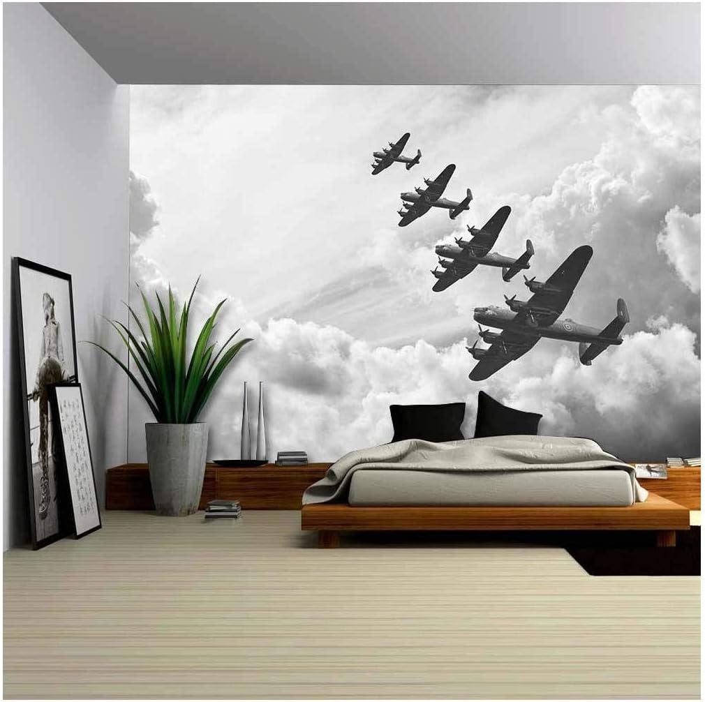 wall26 - Black and White Retro Image of Lancaster Bombers from Battle of Britain in World War Two - Removable Wall Mural | Self-Adhesive Large Wallpaper - 66x96 inches