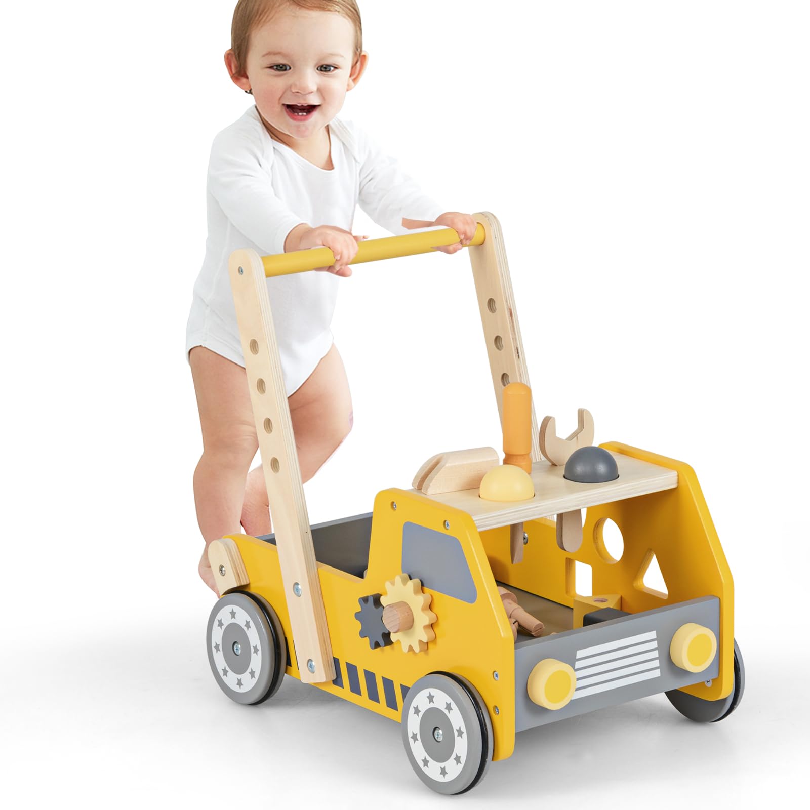 LIFEZEAL Girello, in Legno, Girello per Bambini, con 4 Ruote, Primi Passi per Bambini con Giocattoli Montessori, Baby Walker a Forma di Camion, Carrellino con Banco da Lavoro per Bimbi, Giallo