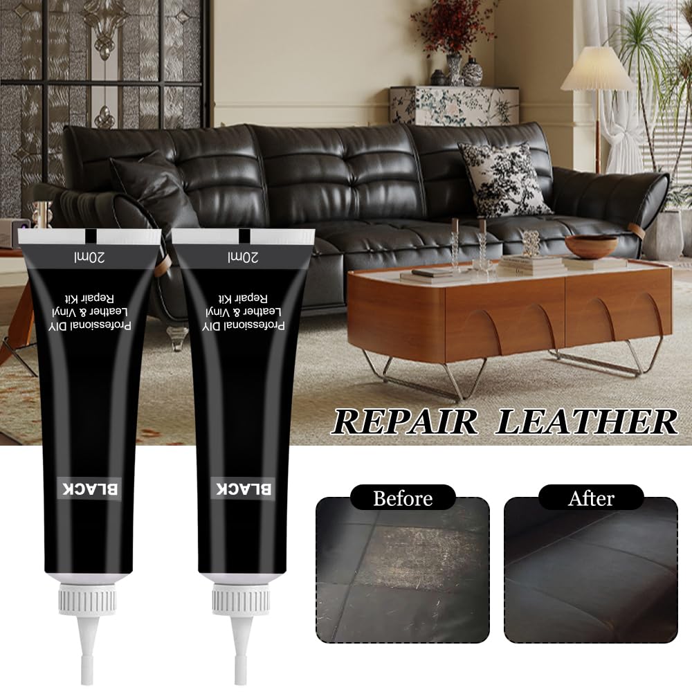 Crema de Reparación de Cuero, Kit de reparación de cuero de 2 piezas para reparar desgarros de muebles, sofá, chaqueta, asiento de barco, negro