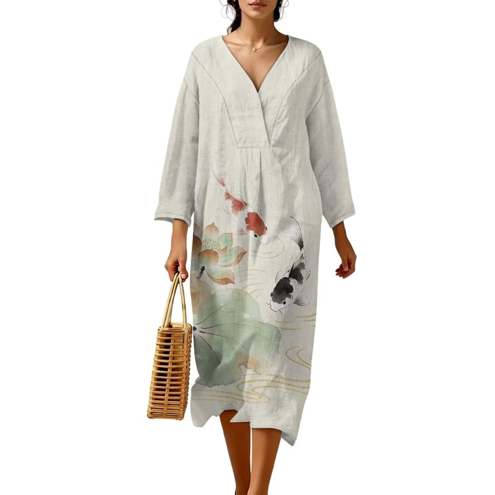 Wanyint Abito boho chic da donna con maniche a 3/4, scollo a V, tunica midi fluida, abito casual da spiaggia e chiesa, S-4XL