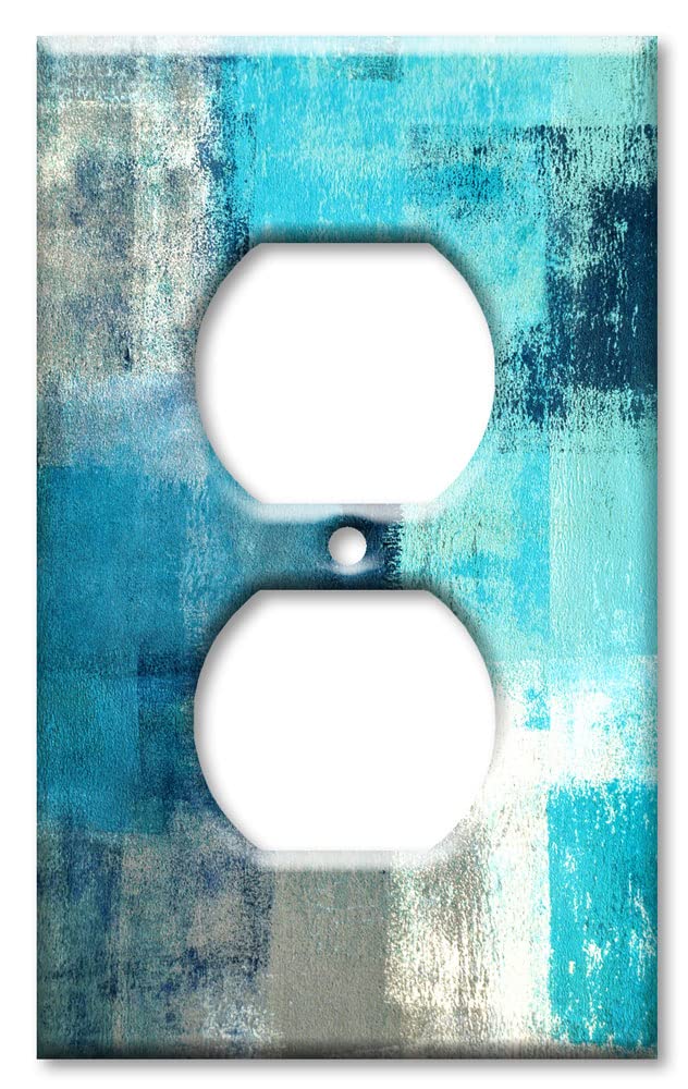 Art Plates - Decorative Light Switch Plate Cover - Decorative Metal Wall Plate - 1 Gang Outlet - Turquoise and Grey Abstract Art (Made in the USA)