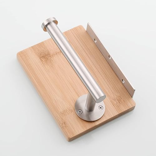 Miniatura 8 de Soporte de rollo de papel de acero inoxidable Soporte de pared para papel higiénico con estante de almacenamiento de madera, níquel cepillado,