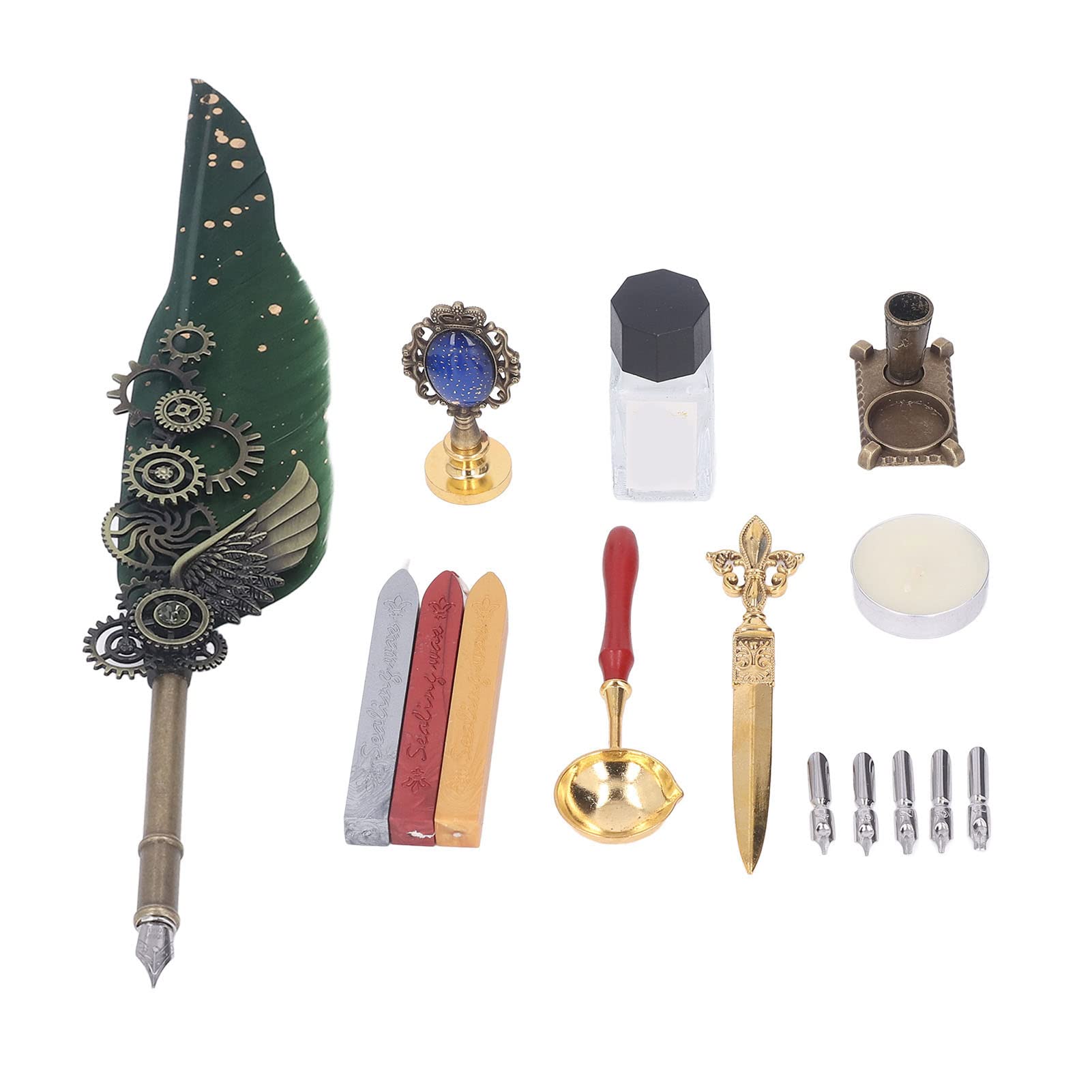 Ensemble de stylos, kit de stylo plume avec pointe fine et laiton, ensemble de stylos de calligraphie pour l'écriture gothique et italienne, comprend de la cire de feu, un (Vert OD)
