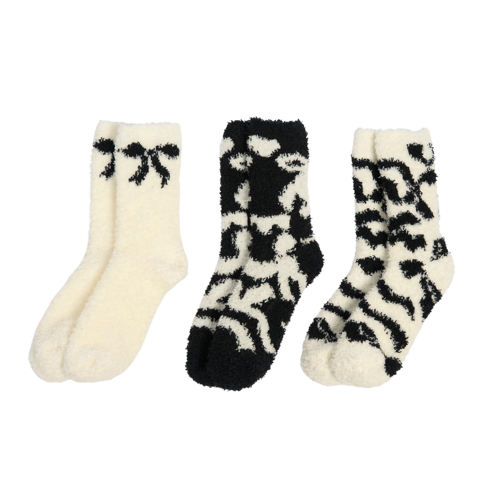 Ohs Women's Monochrome/Rust Fluffy Socks 3 Pair Cute Bows Print Fluffy Socks Gifts For Ultra Soft Cosy Comfy Warm Winter Fleece Bed Socks Winter Gifts For Her,