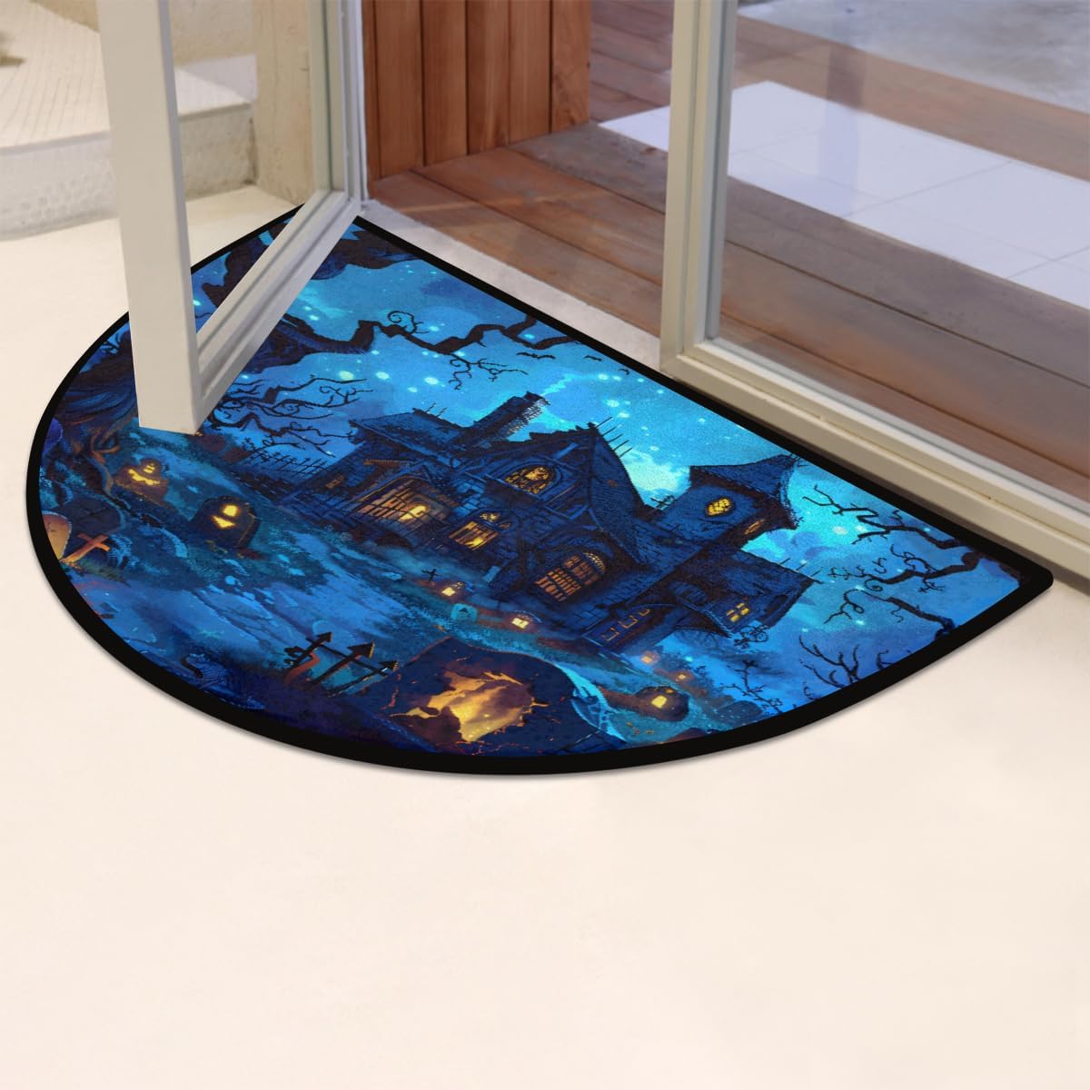 Half Round Door Mat Indoor Entrance Washable Half Circle Area Rugs Non Slip Half Moon Rug Semi Circle Bathroom Rugs Floor Carpet for Kitchen Bedroom Fireplace Blue Castle Halloween Decor