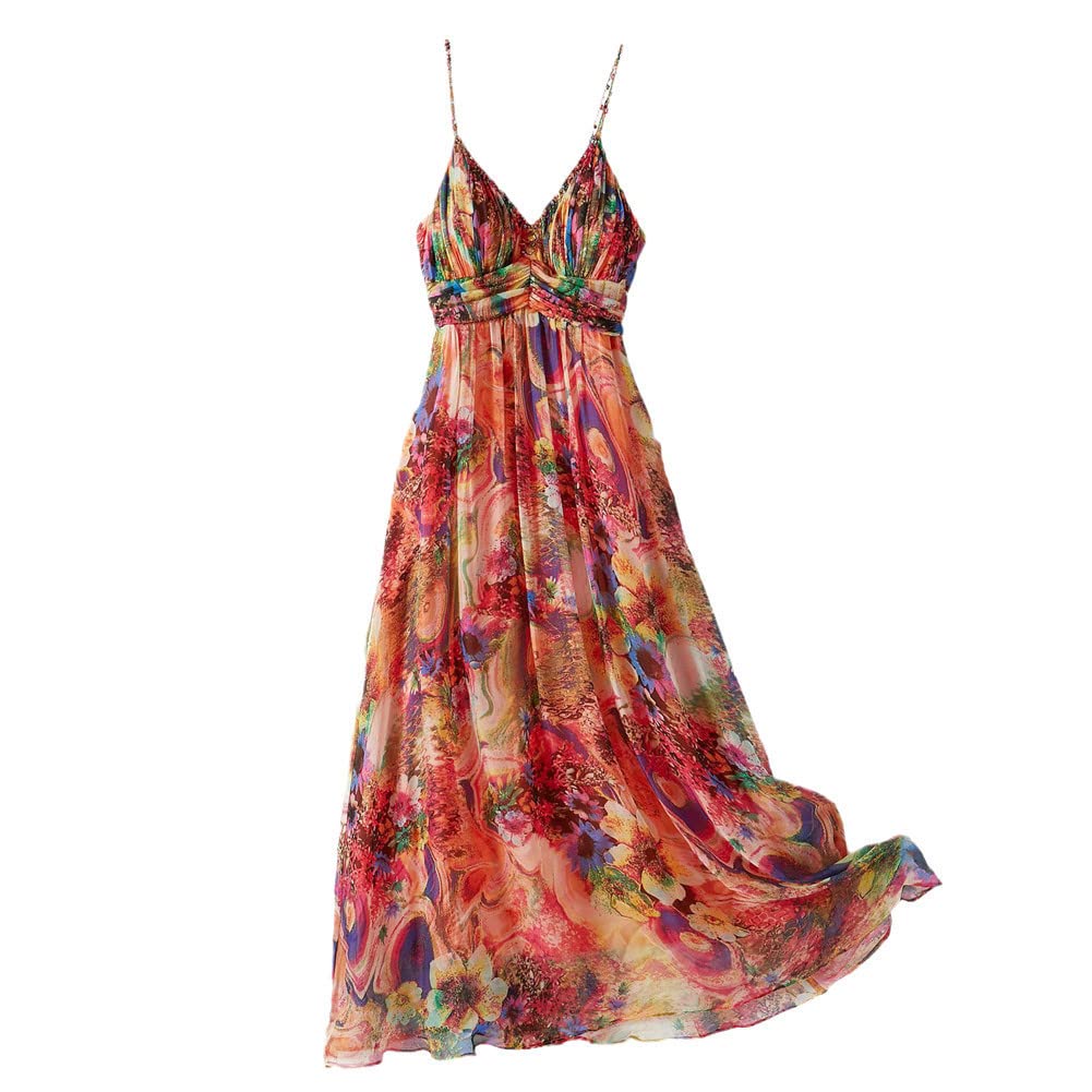 100 Mulberry Silk Dress Women Summer Spaghetti Strap Boho Floral Printing Beach Dress