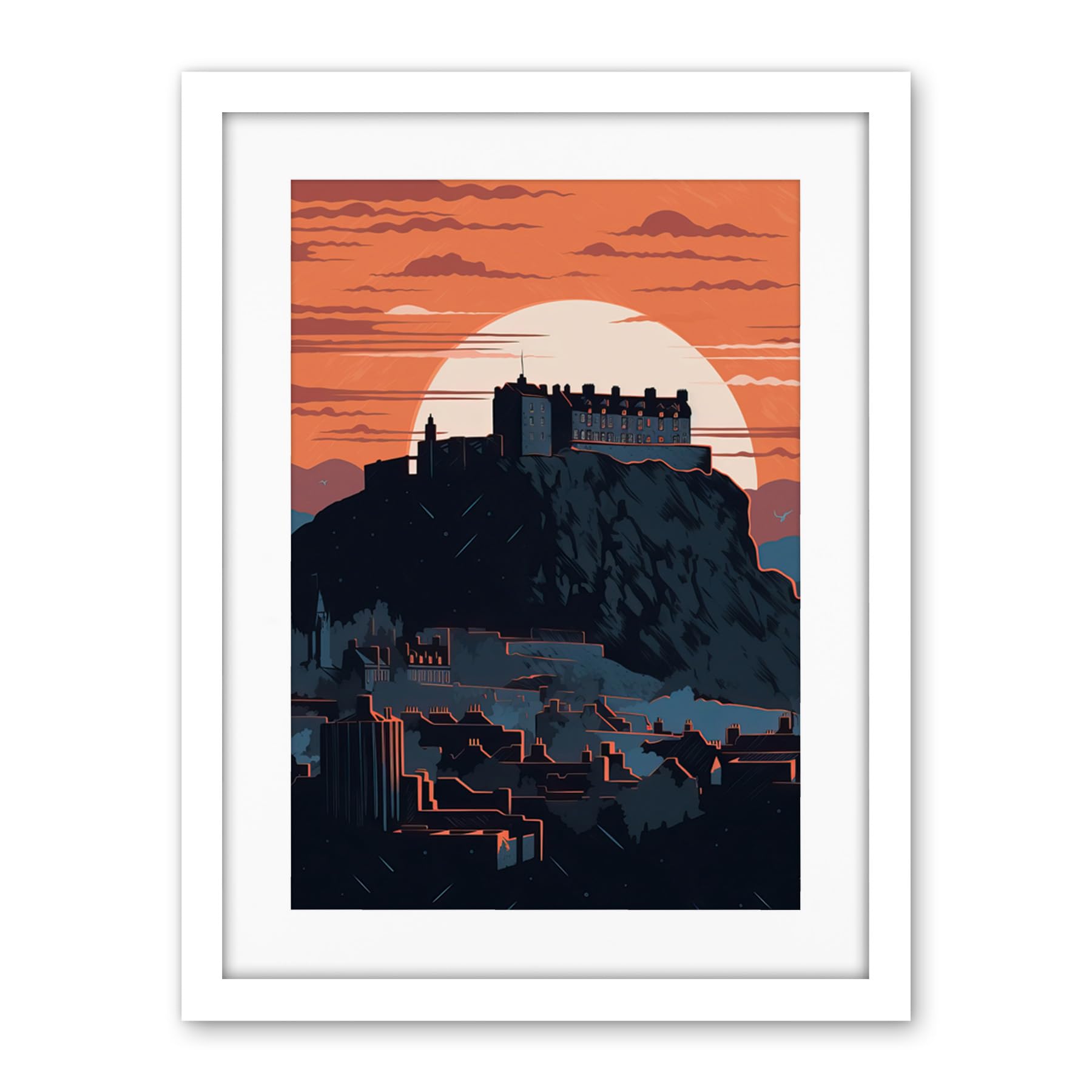 Artery8 Edinburgh Castle and Old Town Atmospheric Sunset Artwork Framed Wall Art Print 18X24 Inch
