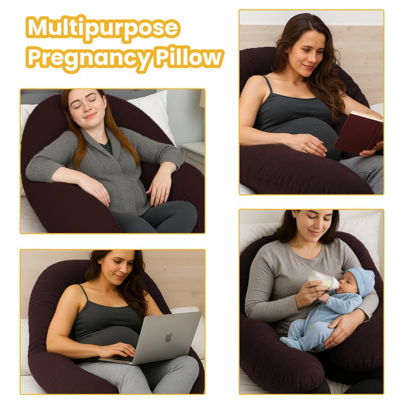 Image of Pregnancy Pillow for Women | Maternity Pillow for Pregnant Women & Newborn Feeding | Full Body Support for Back, Hips, Legs & Belly | Ergonomic Design | Polycotton Cover | Dark Brown