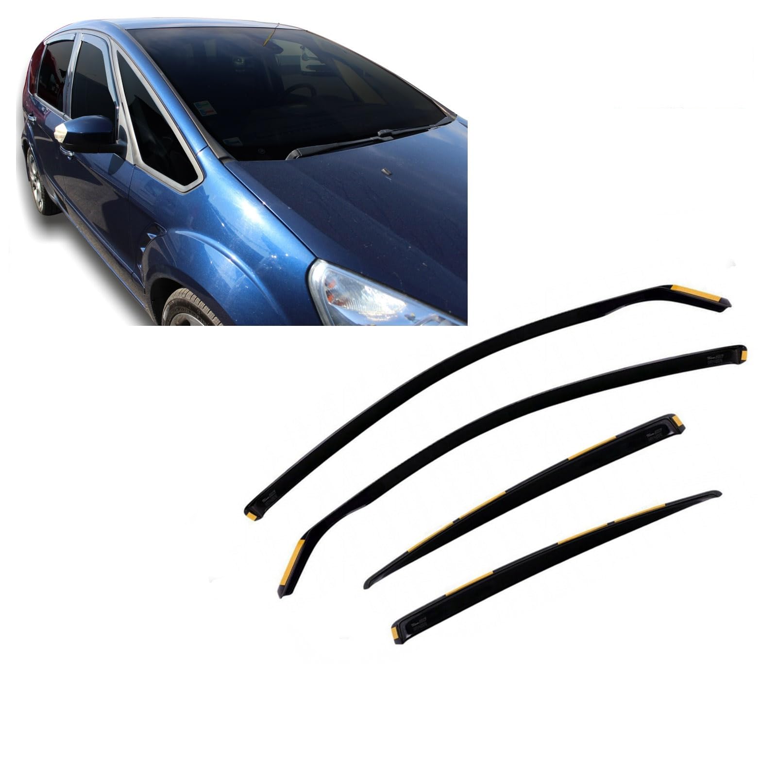 J&J AUTOMOTIVE Windabweiser passend für Ford S-Max 5-Türer 2006-2010 4tlg, Heko Regenabweiser Vorne Hinten Getönt Dunkel Passform
