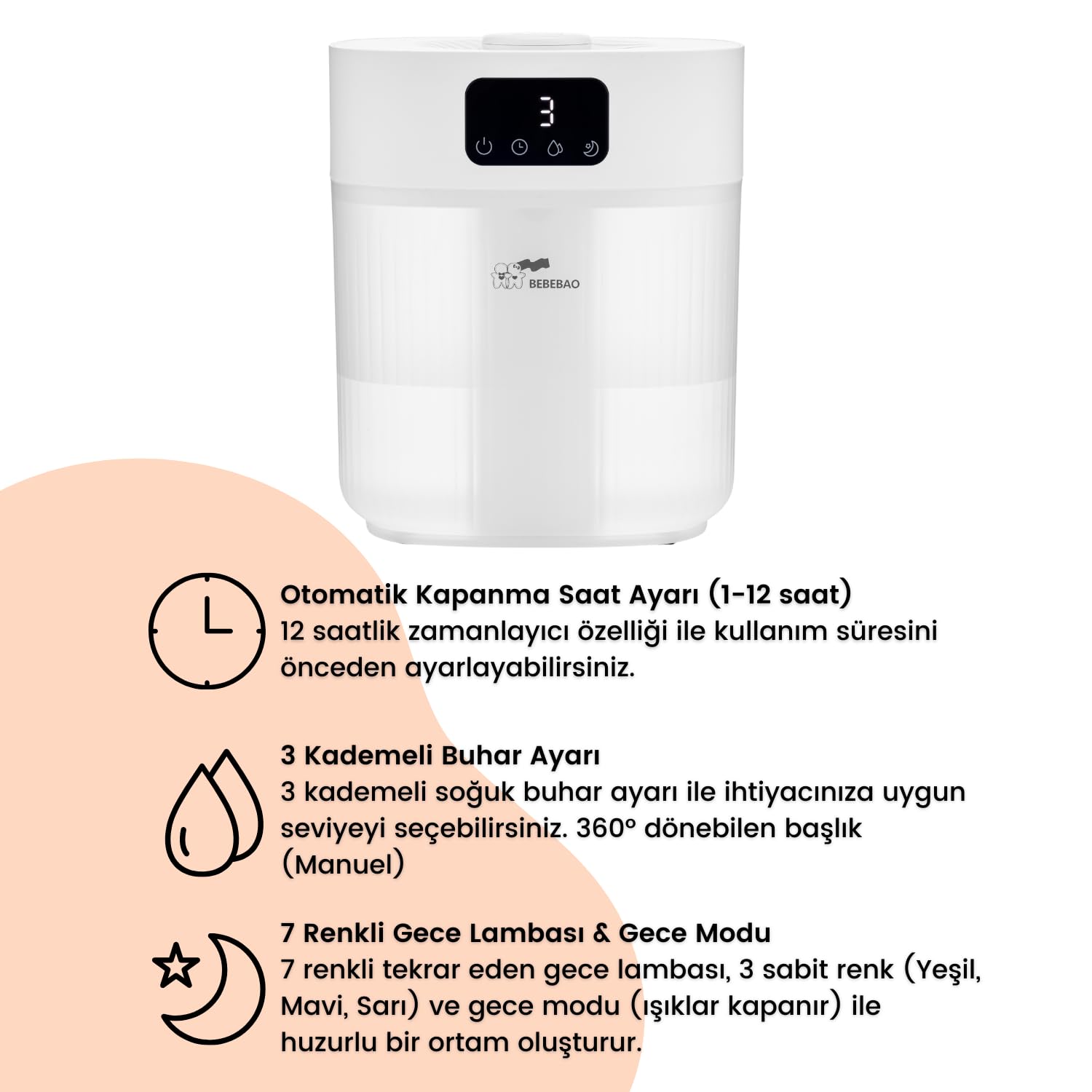 Bebebao Pufi 5lt Ultrasonik 7 Renkli Buhar Makinesi Hava Oda Ortam Nemlendirici Dokunmatik Panel Aromatik Yağ Hazneli