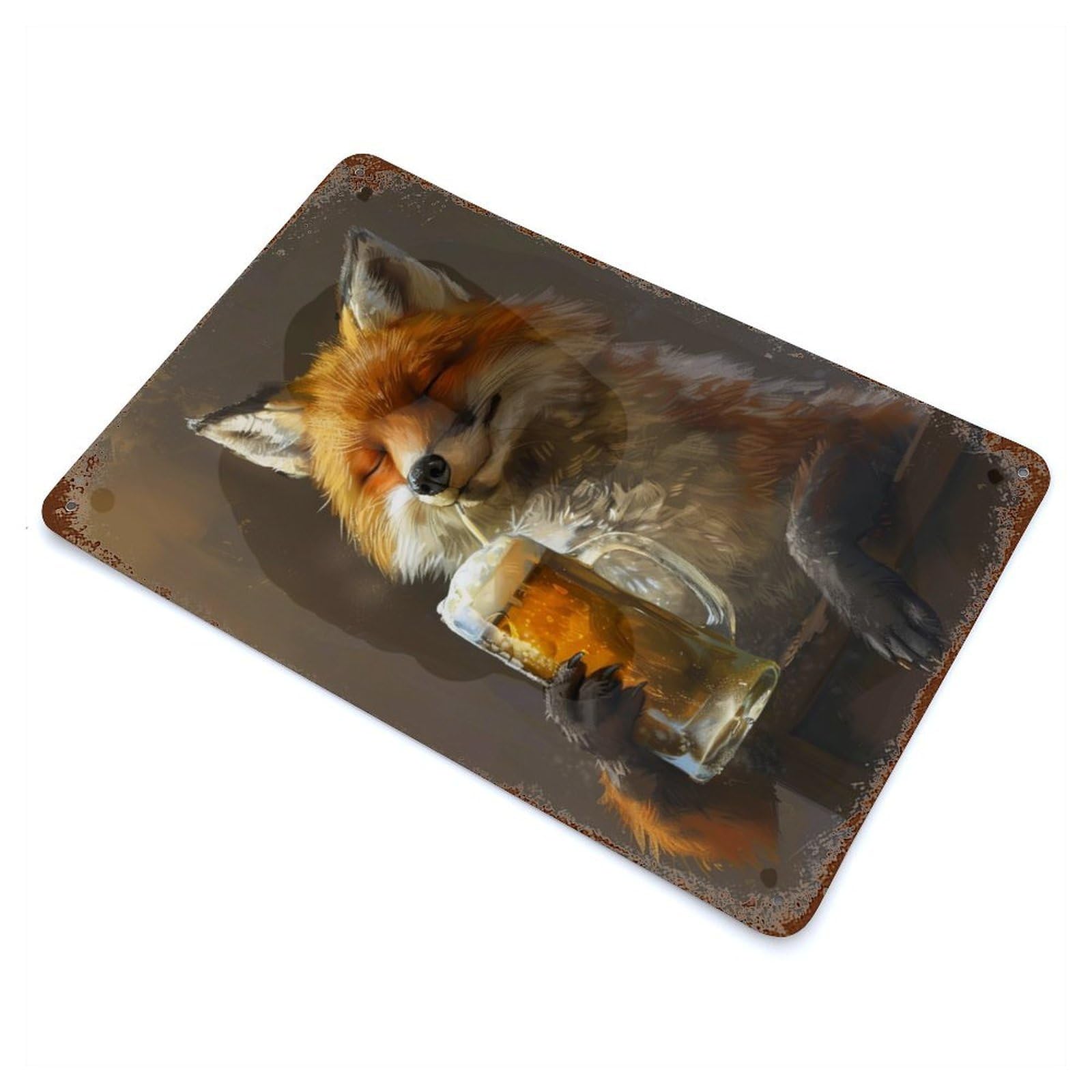 Fox Drinking Beer Rustic Tin Plaque 11.8"x7.9", for Living Room, Hallway And Home Decor, Decorative Metal Wall Art