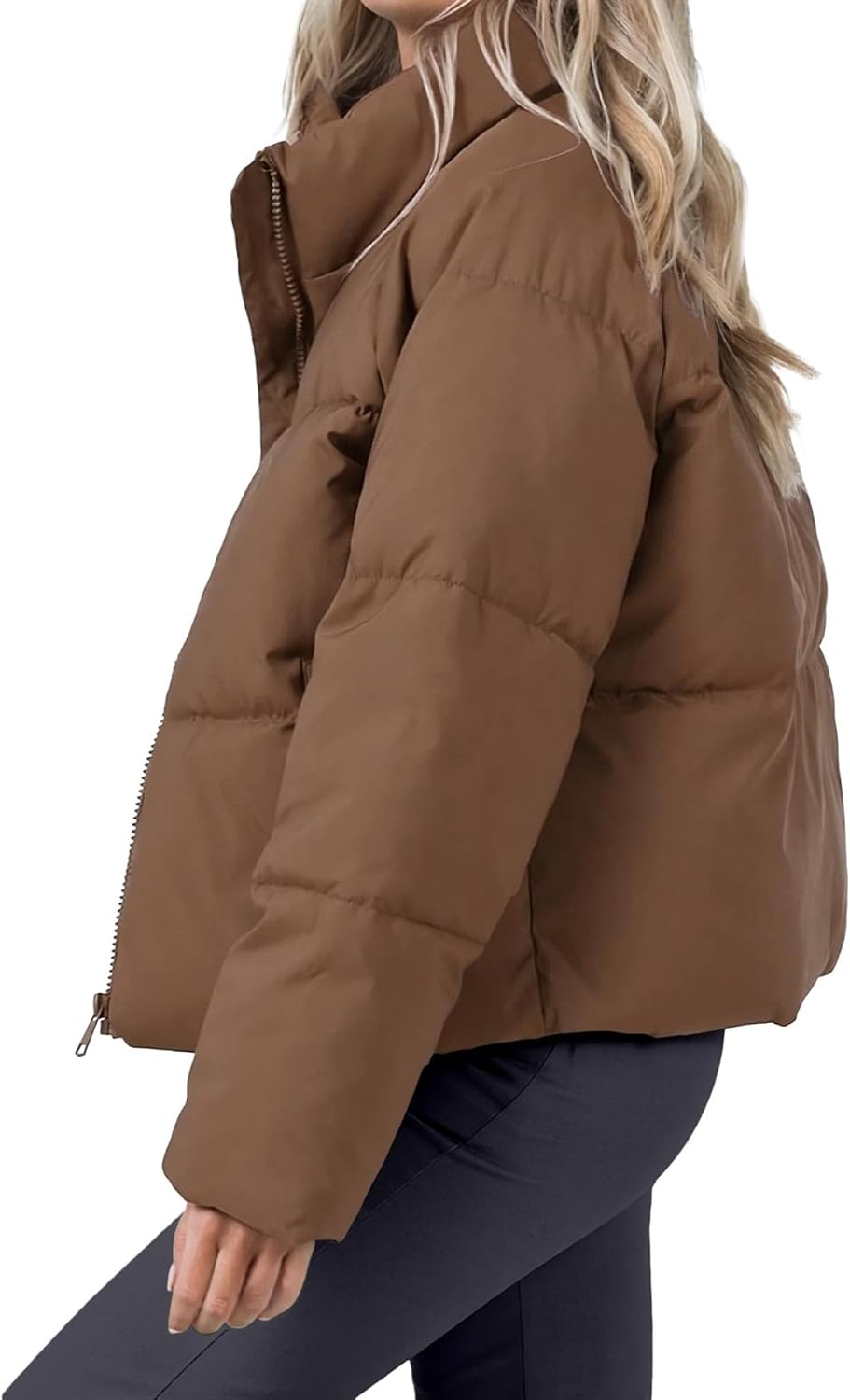Women's Winter Cropped Puffer Jacket 2023 Long Sleeve Lightweight Zip Short Jacket Coat with Pockets - Image 2