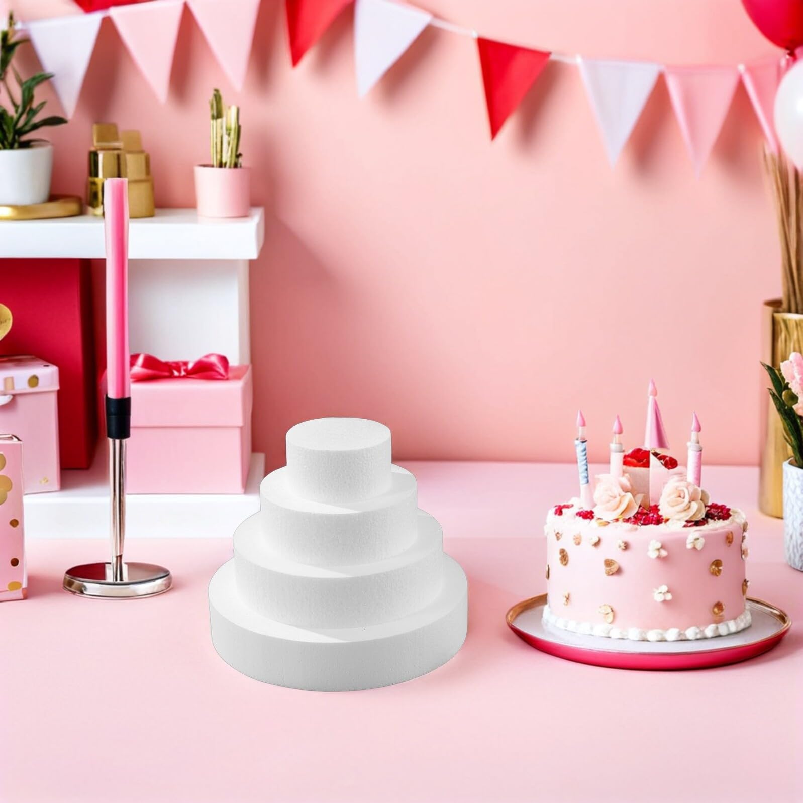 Set da 8 Pezzi di Manichini per Torta in Schiuma Bianca, Forme Rotonde da 10-25 Cm di Diametro Alte 5 Cm, Supporti per Esercitarsi nella Decorazione e Esposizione Torte per Eventi