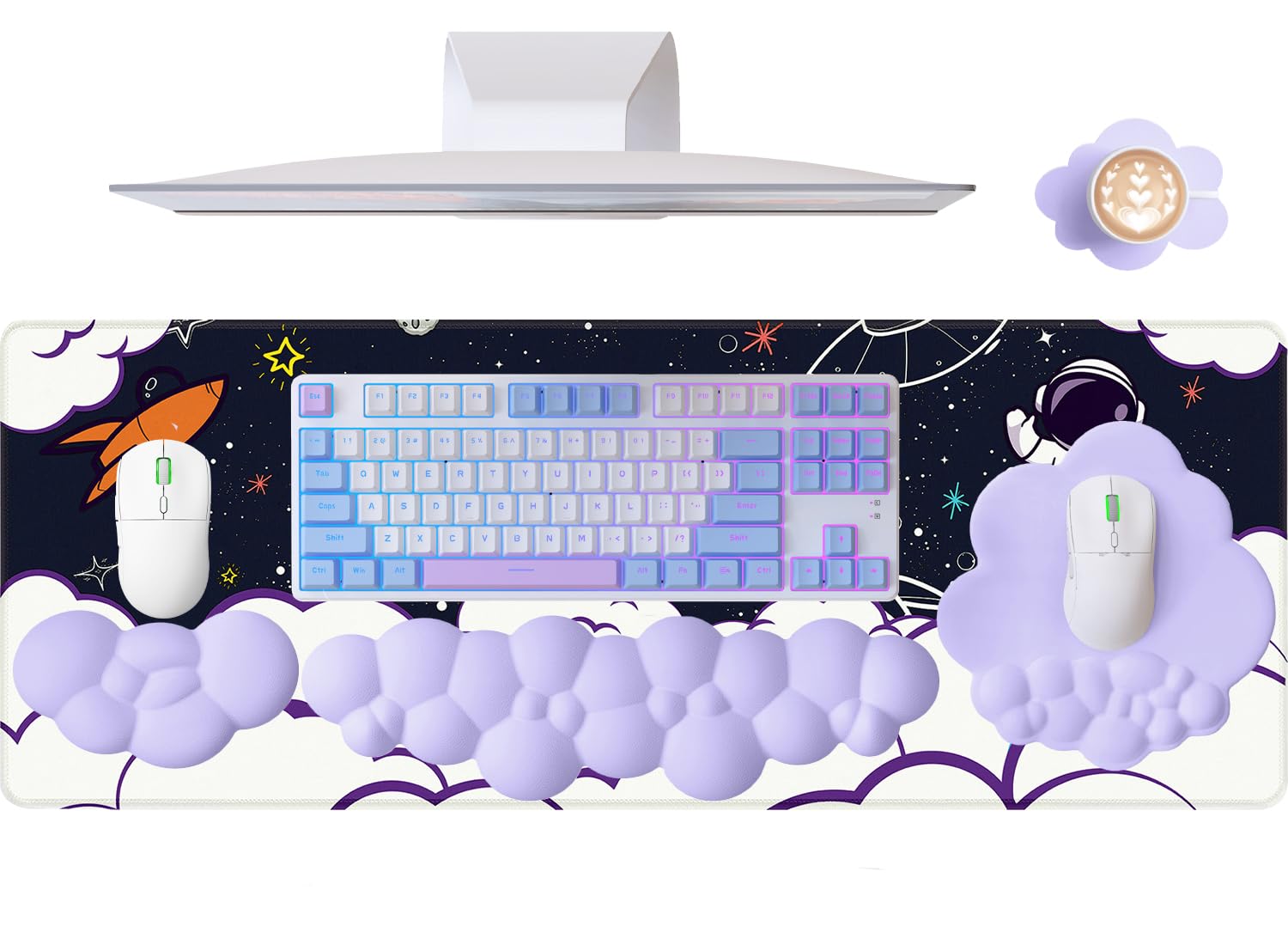 Tapis de souris 5 en 1 en forme de nuage, repose-poignet pour clavier, repose-poignet de souris, tapis de souris et dessous de verre en cuir avec tapis de bureau, mousse à mémoire de forme,