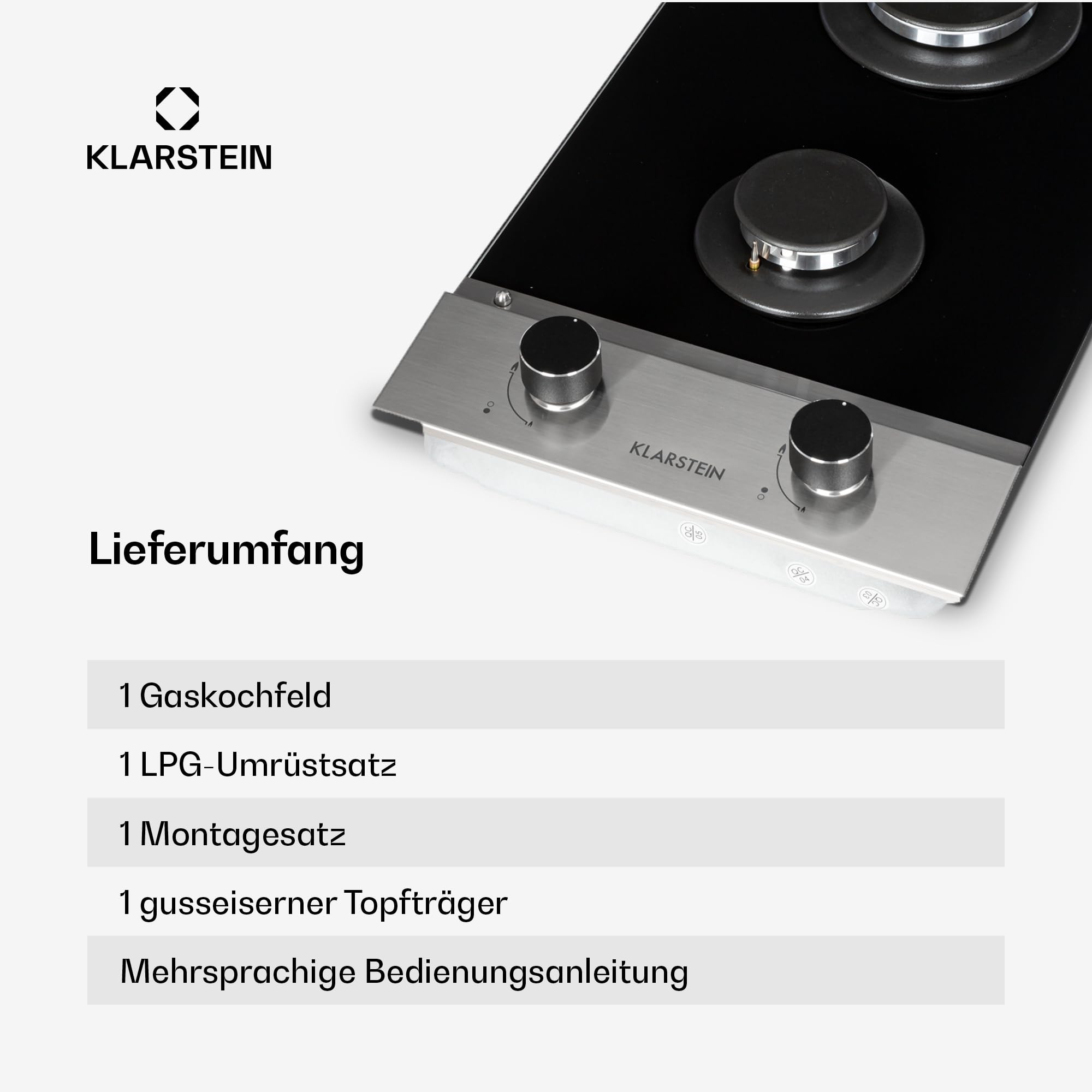 Klarstein Gaskocher 2-Flammig, 4,2 kW Einbau-Gaskocher für Innenbereich, für Wohnmobil, 2-Flammiger Moderner Einbau Gasherd, Zwei Brenner Gas Herd
