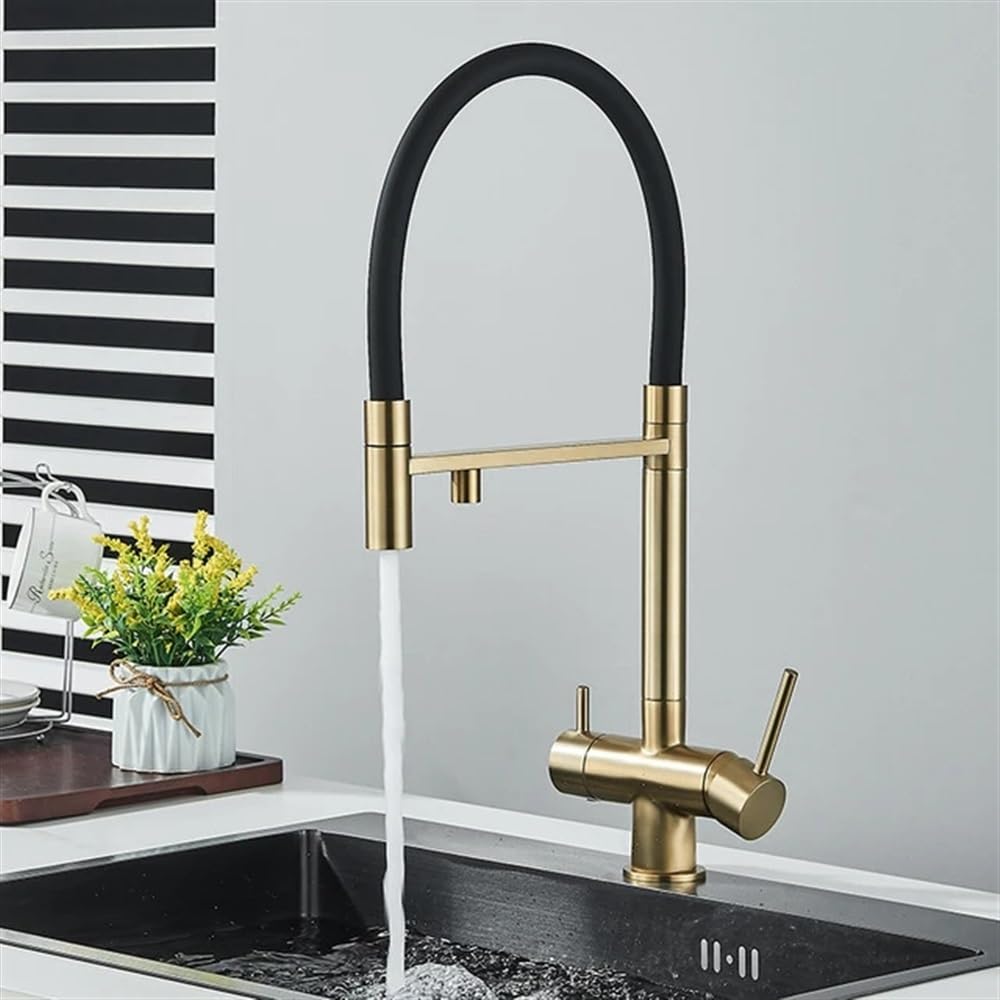 SnamicE Kitchen Tap Kitchen Sink Faucet, Deck Mount 360° Pull Out Spout Purification Cold Hot Water Mixer Tap,Brushed Golden