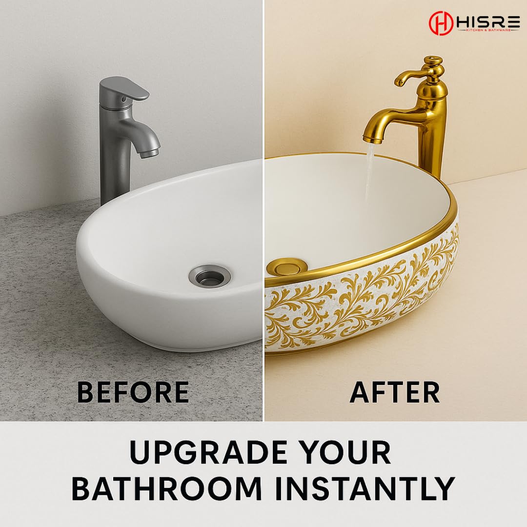 HISRE Table Top Wash Basin For Bathroom | Over Counter Top Wash Basin For Living Room | Golden Washbasin Countertop | Tabletop Ceramic Bathroom Kitchen Sink (24 x 16 x 6 Inch) (SKTHI2203), photo 3 of 5