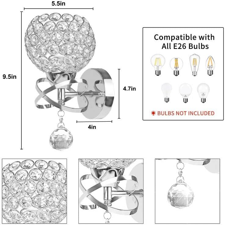 Miniatura 7 de TISLYCO Juego de dos apliques de pared de cristal, modernos apliques de pared con bola de cristal colgante, lámpara de montaje en pared, lámpara de