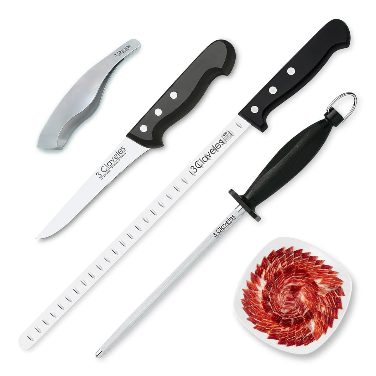 PracticFood Juego de Cuchillos Profesionales Selección Super Chef, Jamonero Alveolado 29 cm y Accesorios (ESSENTIAL2)