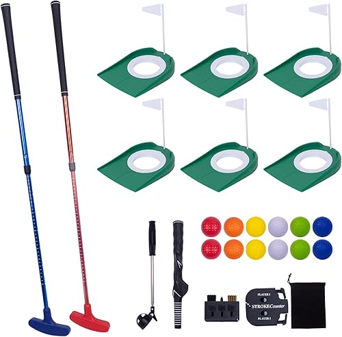 Mini juego de práctica de golf de putting  Putters ajustables, 6 agujeros marcados, 12 pelotas de práctica, recuperador de bolas extensibles y