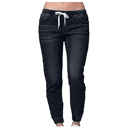 Elastic Waist Jeans for Women Drawstring Pull On Pants Casual Stretch Mid Rise Denim Pants Joggers with Pockets
