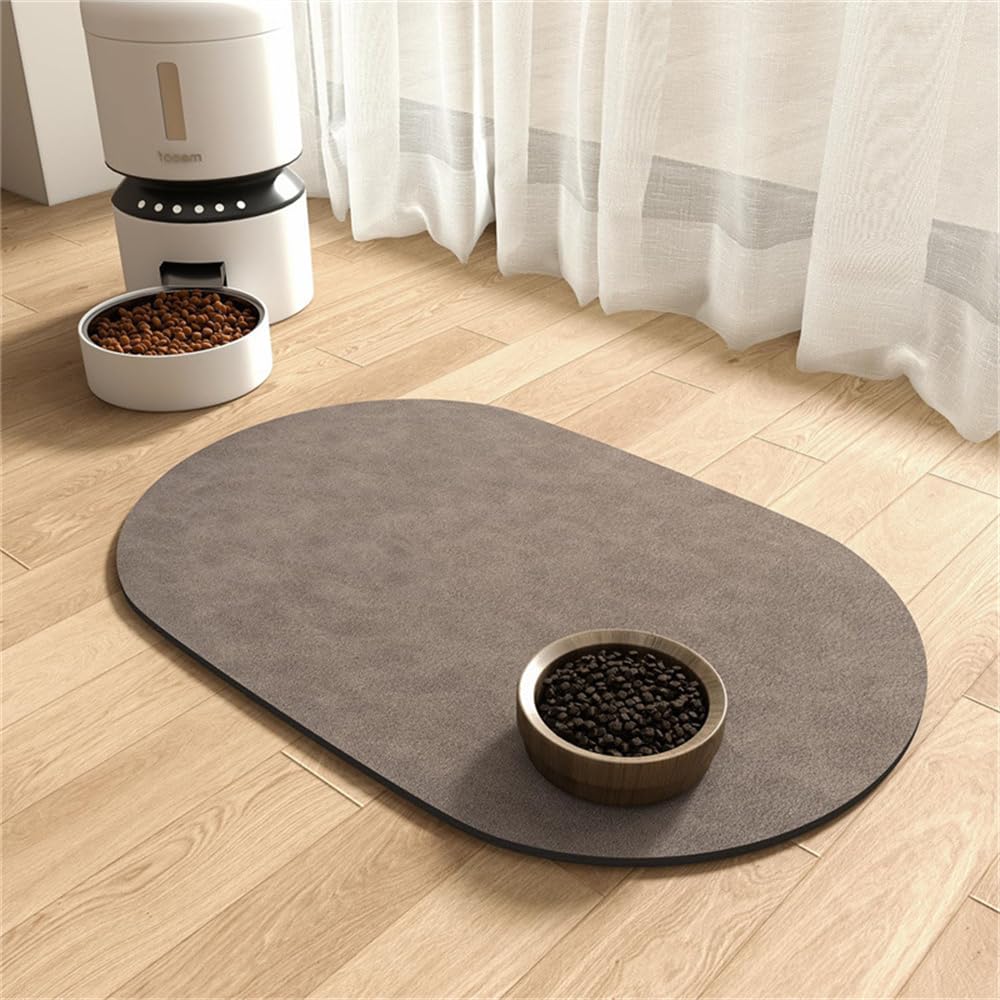 Hixingo Pet Food Mat for Cats Dogs Non Slip, Absorbent Quick Dry Pet Feeding Mat with Non-Slip Rubber Backed, Dog Cat Placemat Bowl Food and Water Bowl Matt (Oval brown,40 * 50cm)