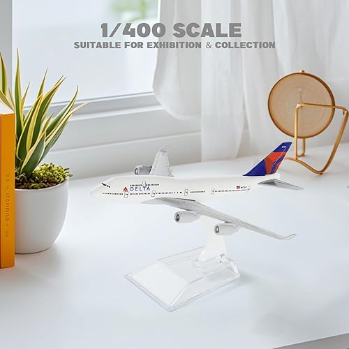 Miniatura 6 de QIYUMOKE Boeing 747 Delta Airlines 1400 Modelo de avión de metal fundido a troquel con soporte Airlines Modelo Avión Pantalla de aleación Kit de