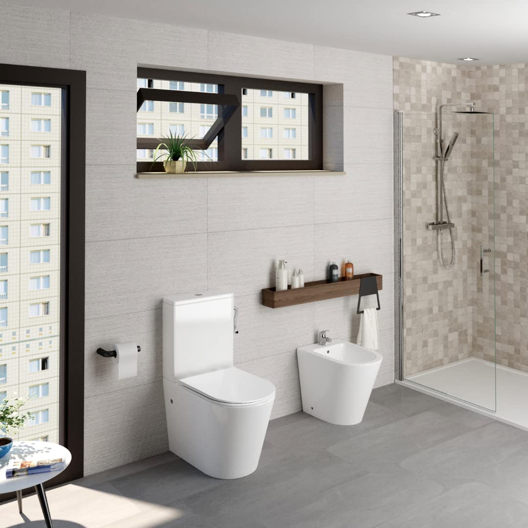 Pack Inodoro Completo Redondo de Fondo Reducido con Cisterna y Tapa Extrafina con Caída Amortiguada + Bidet a Suelo de Baño Redondo