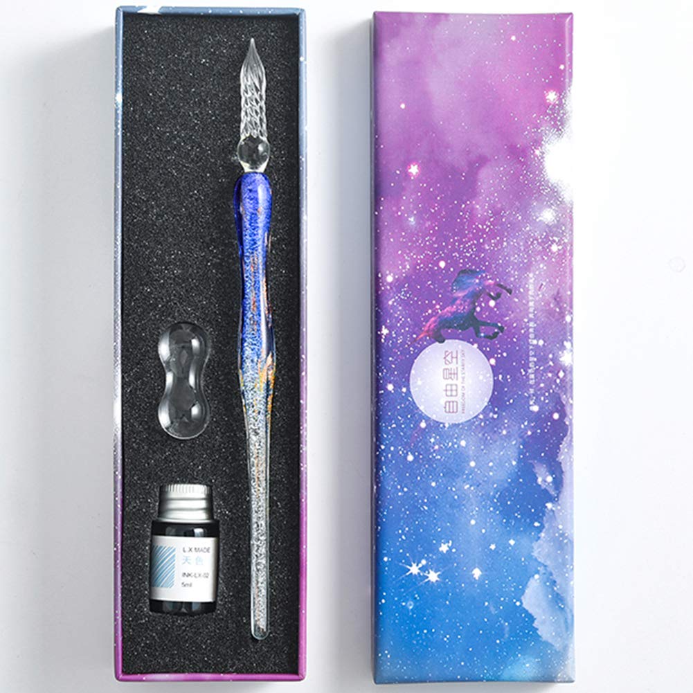YOLAKIS Glass Dip Pen Set, Crystal Vintage Handmade Glass Signature Writing Drawing Pen Office Student Business Gift Pen (Deep Blue+Ink)