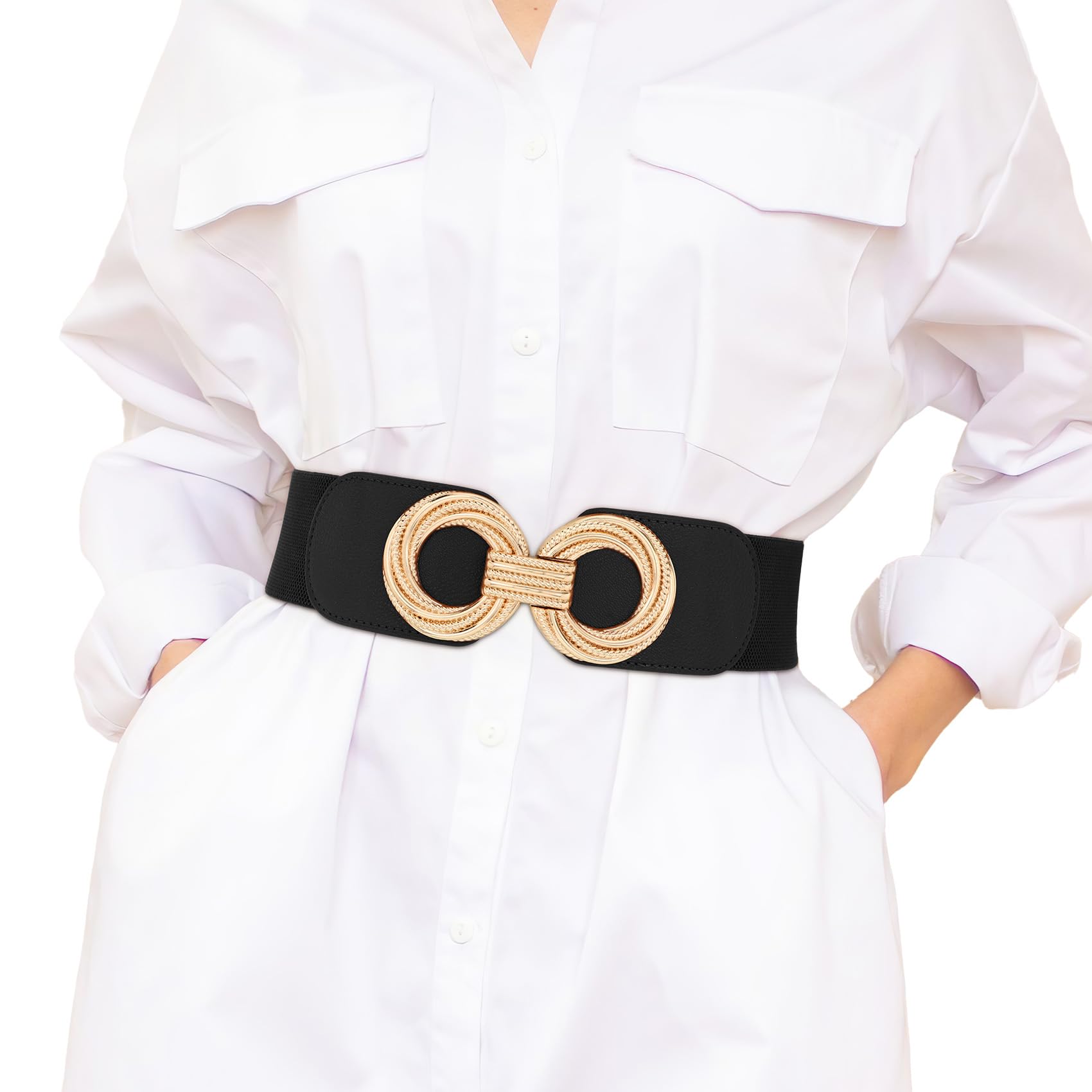 XZQTIVE Damenbreiter Elastischer Taillengurt Vintage Stretch-Gürtel für Kleider, Hosen und Mäntel mit Gold O-Ring-Buckel