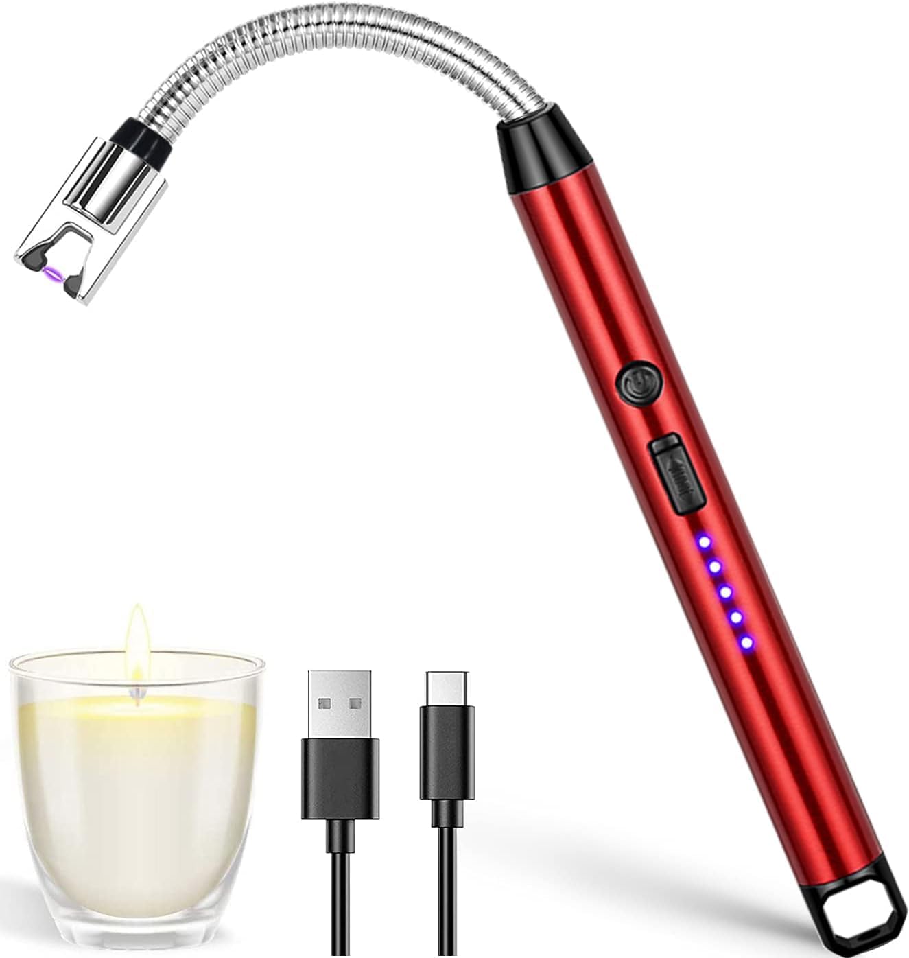 USB Plasma Rechargeable Electric Gas Lighter for Kitchen, Pooja Room, Candles, BBQ, Cigars, Multi Purpose - 360 Degree Flexible & Windproof (Red)