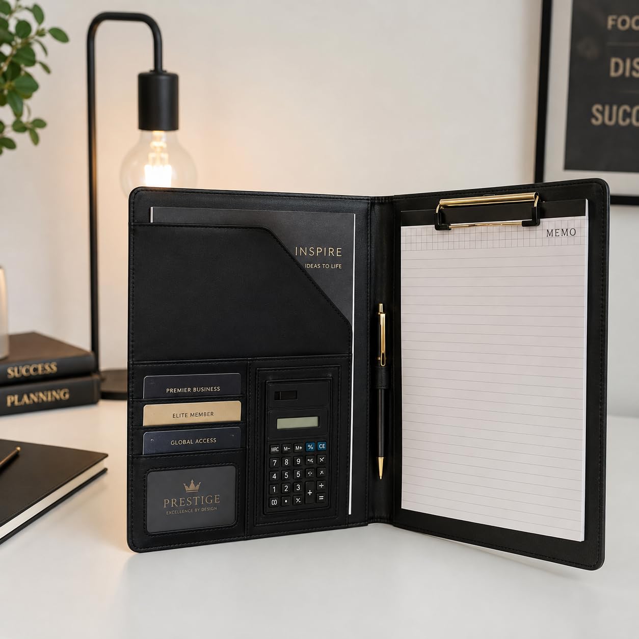Porte-documents en cuir pour une utilisation professionnelle, organiseur de documents avec rangement intelligent, calculatrice, bloc-notes, – Padfolio tout-en-un professionnel pour homme et