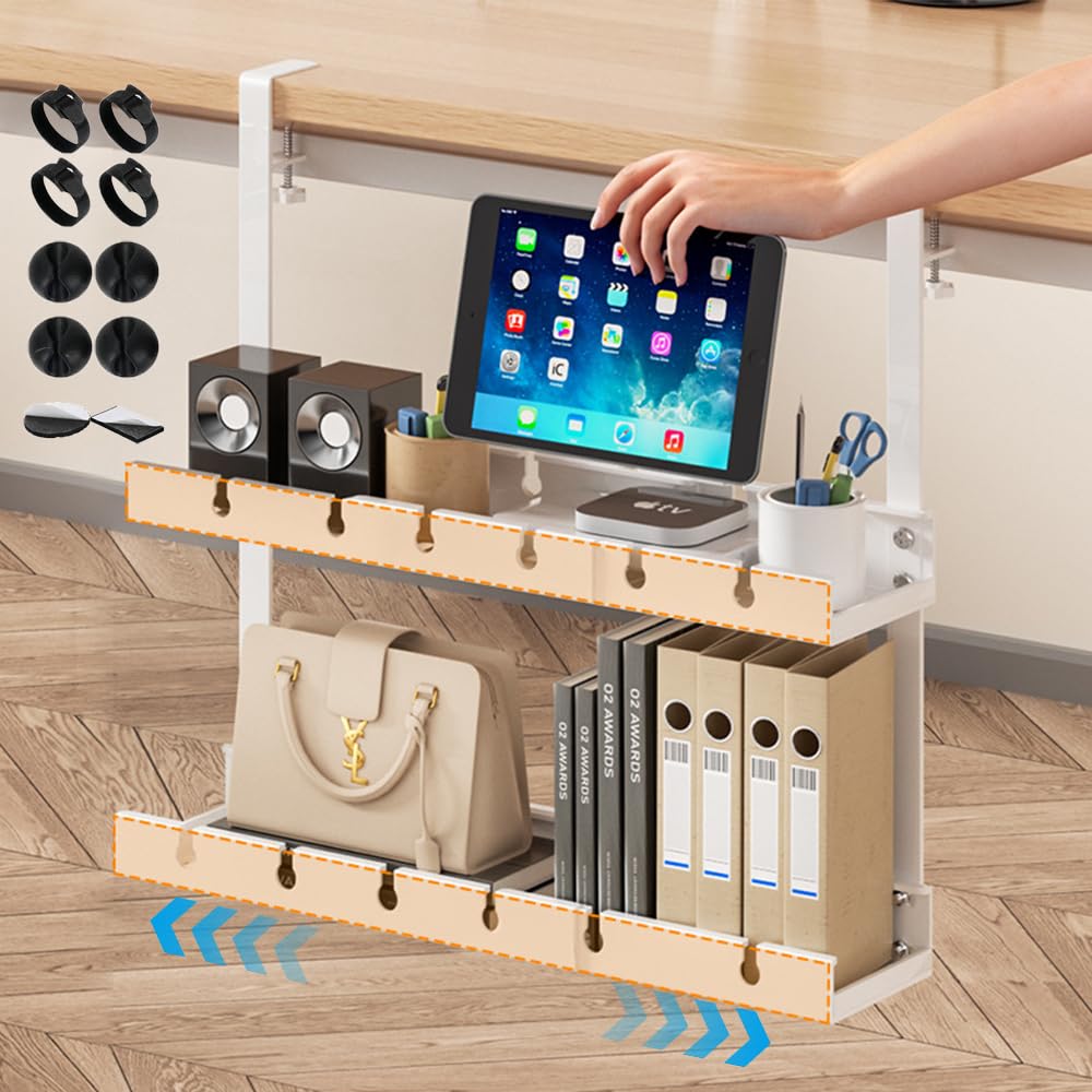 Hcosmy Double Layer Cable Management Tray Under Desk, No Drilling Cable Management Tray for Desk Adjustable 31cm into 55cm, Retractable Power Strip Cord Holder for Wire Management (White)