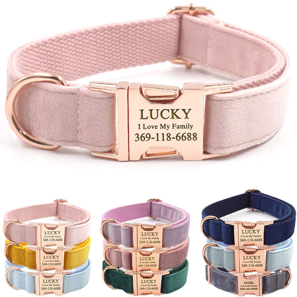 PETDURO Personalized Dog Collar Pink Soft Velvet for Large Medium Small Boy Girl Dogs - Custom Collar with Name Phone Number Engraved on Rose Gold
