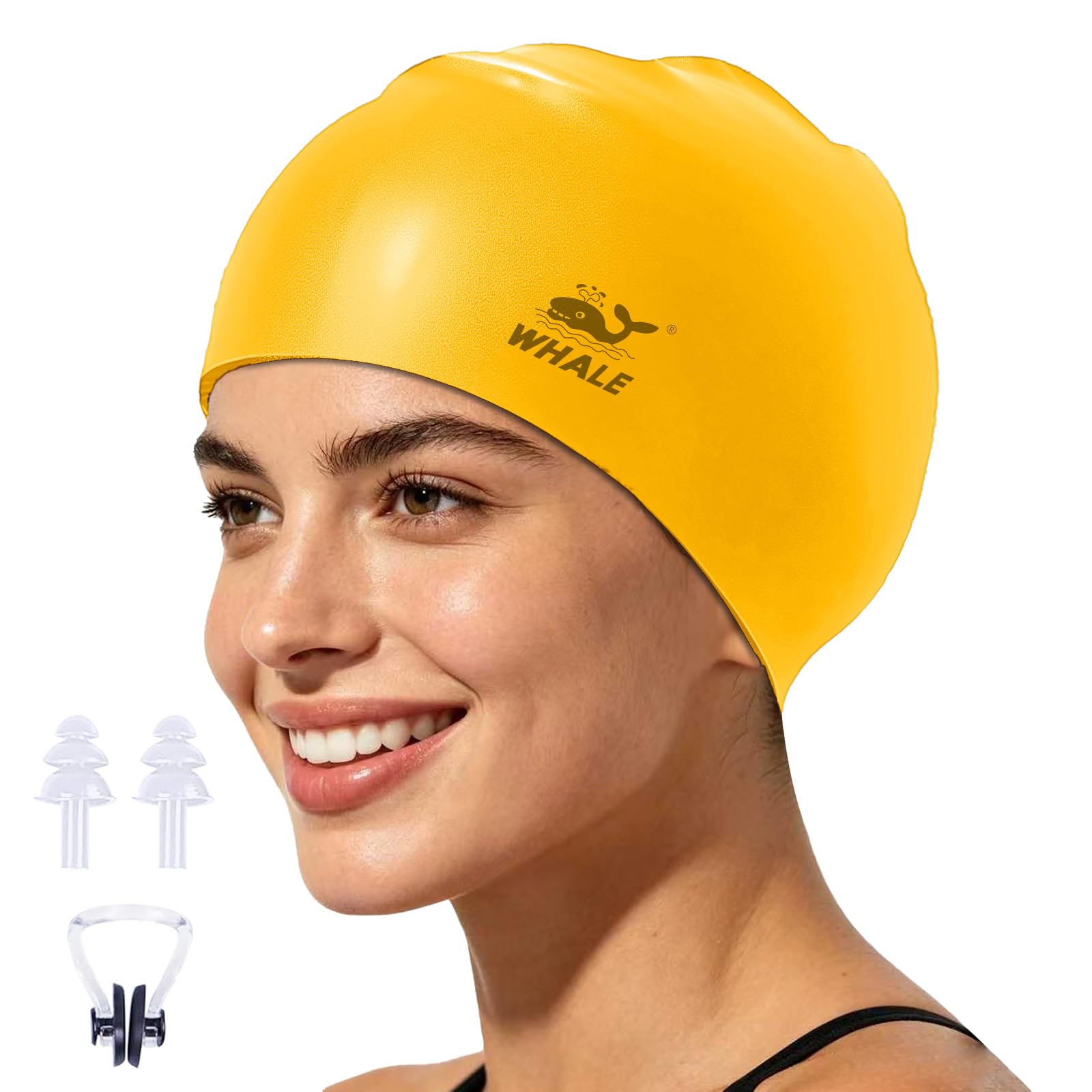 WHALE Bonnet de bain en silicone imperméable, avec protection des oreilles, antidérapant, haute élasticité, garde les cheveux au sec, unisexe, grande taille, convient aux cheveux longs, bouclés et