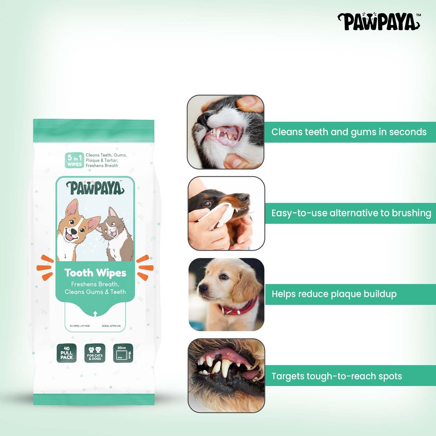Pawpaya Tooth Wipes for Dogs & Cats | Freshens Breath, Cleans Teeth & Gums | Alcohol-Free, Chemical-Free, Vet-Recommended | Easy Alternative to Brushing | 100% Safe & Gentle | 40 Pulls 2