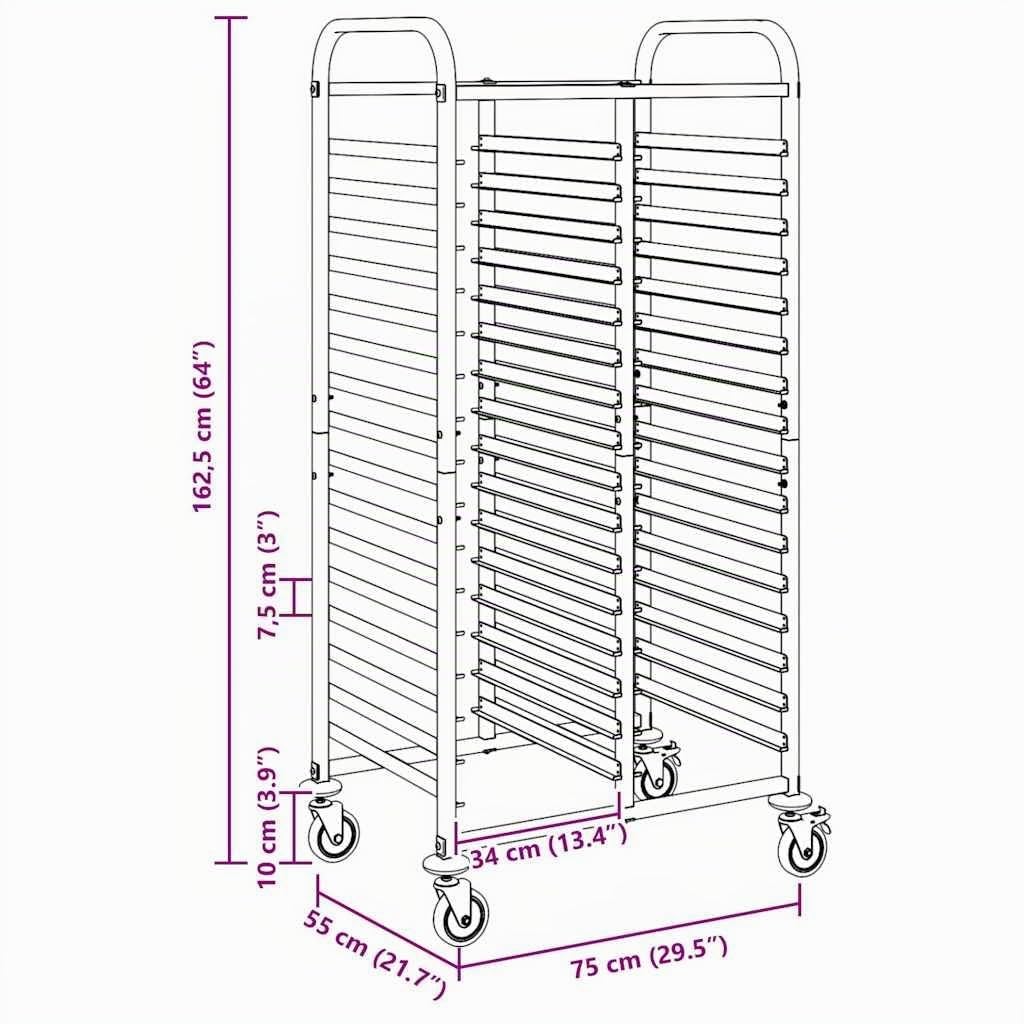 vidaXL Carro con bandejas y 32 contenedores GN 75x55x162,5 cm, Estante para bandejas, Carro para panadería, Estante para bandejas de panecillos