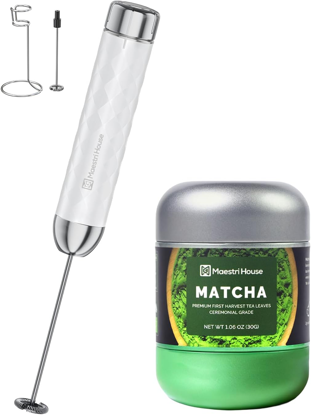 Maestri House LunaFro 2.0 Handheld Electric Foam Maker White+Matcha Powder