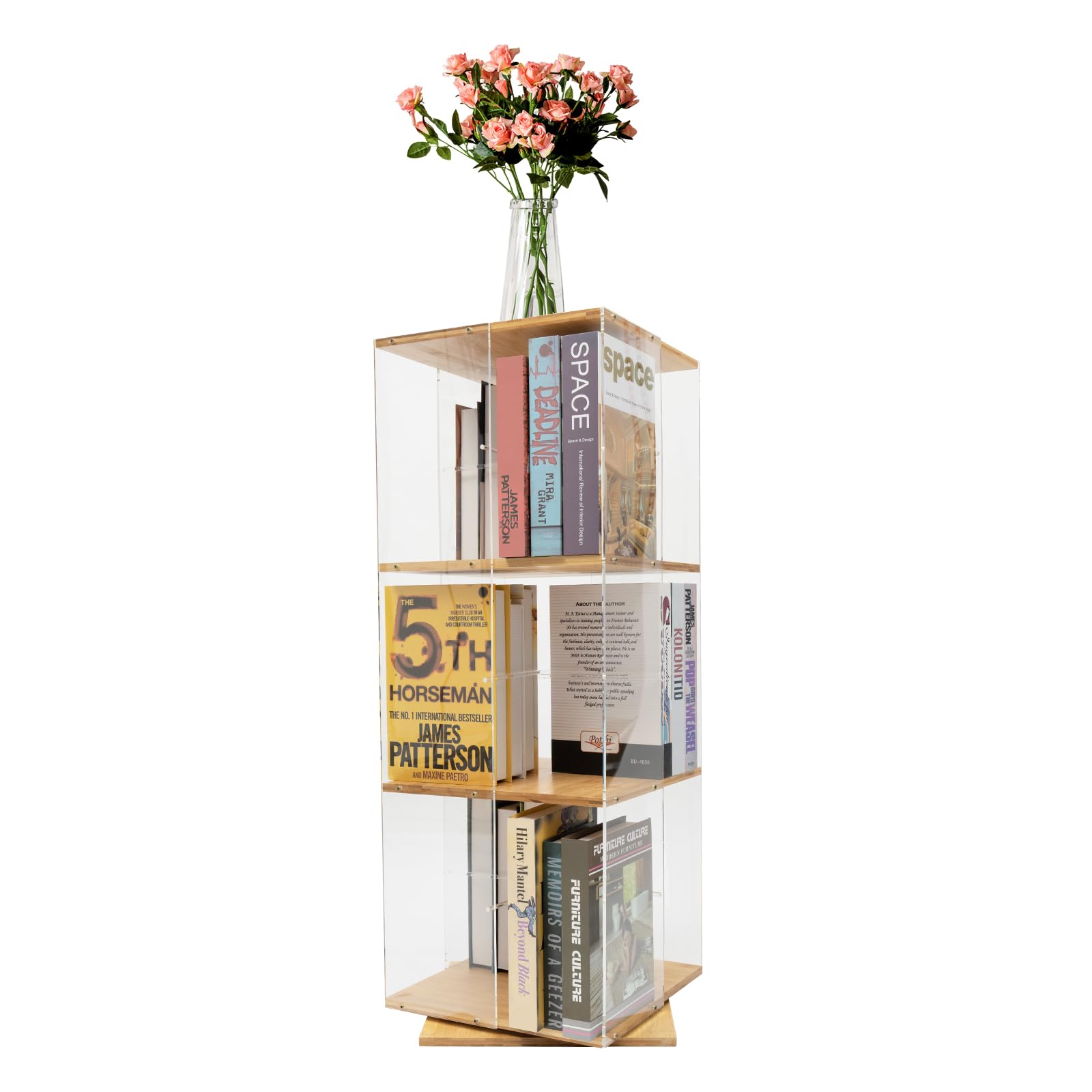 3 Tier Acrylic Rotating Bookshelf,360 Revolving Bookcase Floor Standing Acrylic Bookcase, Swivel Bookcase for Study Rooms, Offices, Classrooms